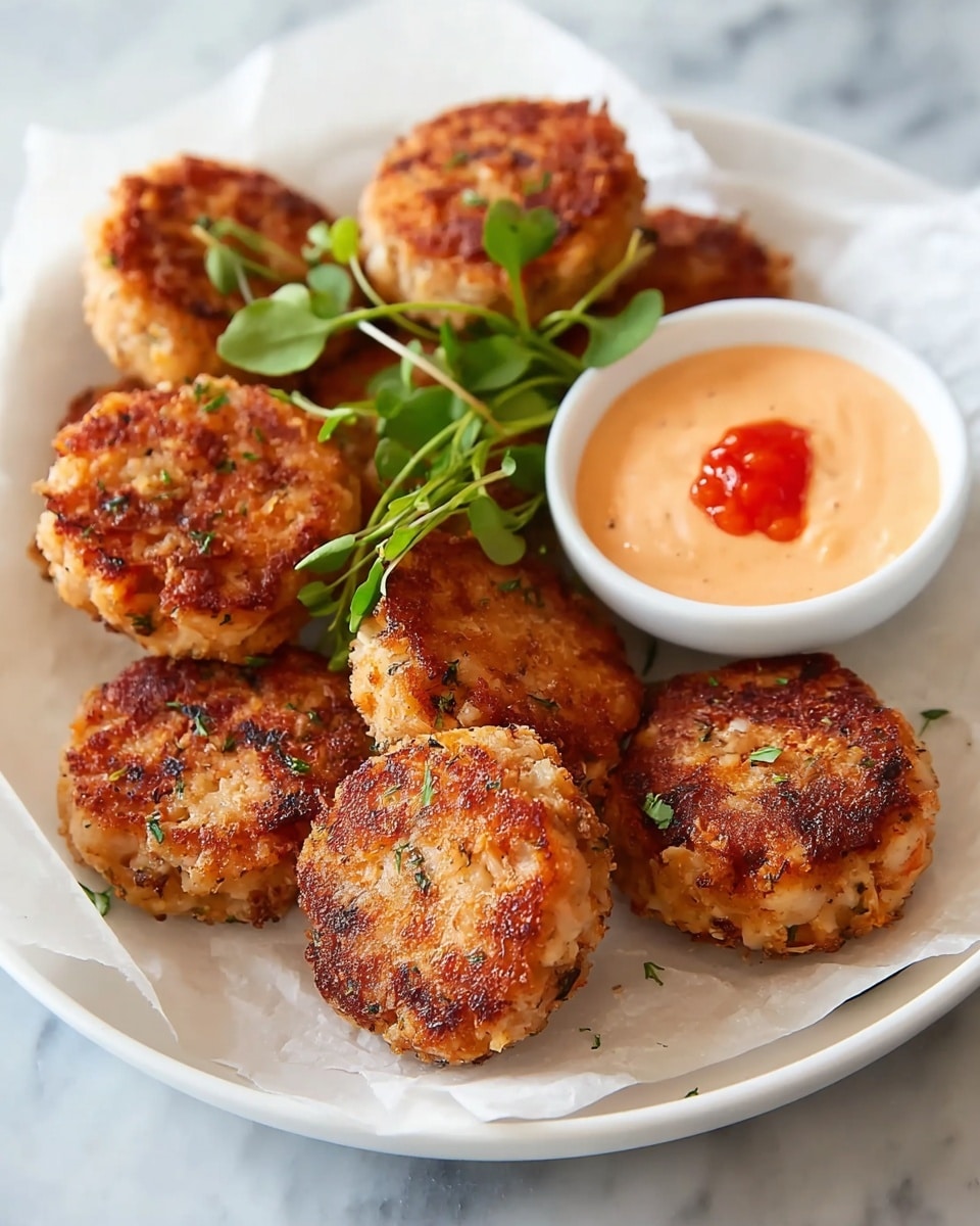 The image shows a white plate lined with white parchment paper, holding eight golden-brown crab cakes with a crispy, slightly uneven texture. The crab cakes are round and stacked with some overlapping. On top of the crab cakes, there is a small bunch of fresh green herbs for garnish, adding a touch of color. To the side of the plate, there is a small white bowl filled with creamy, light orange dipping sauce topped with a small dollop of bright red sauce. The plate is placed on a white marbled surface. Photo taken with an iphone --ar 4:5 --v 7