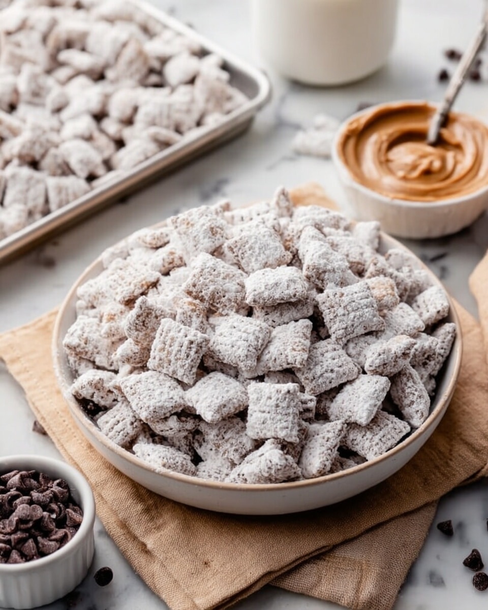 A large bowl filled with small square cereal pieces covered in a white powdered coating, creating a soft, fluffy texture on the surface. The bowl sits on a beige cloth, with small dark chocolate chips scattered nearby on the cloth and in a small white bowl to the left. In the background, there is a thin tray of the same white powdered cereal pieces and a small white bowl with smooth, creamy peanut butter, a spoon resting inside. The entire setup is placed on a white marbled texture surface. Photo taken with an iphone --ar 4:5 --v 7