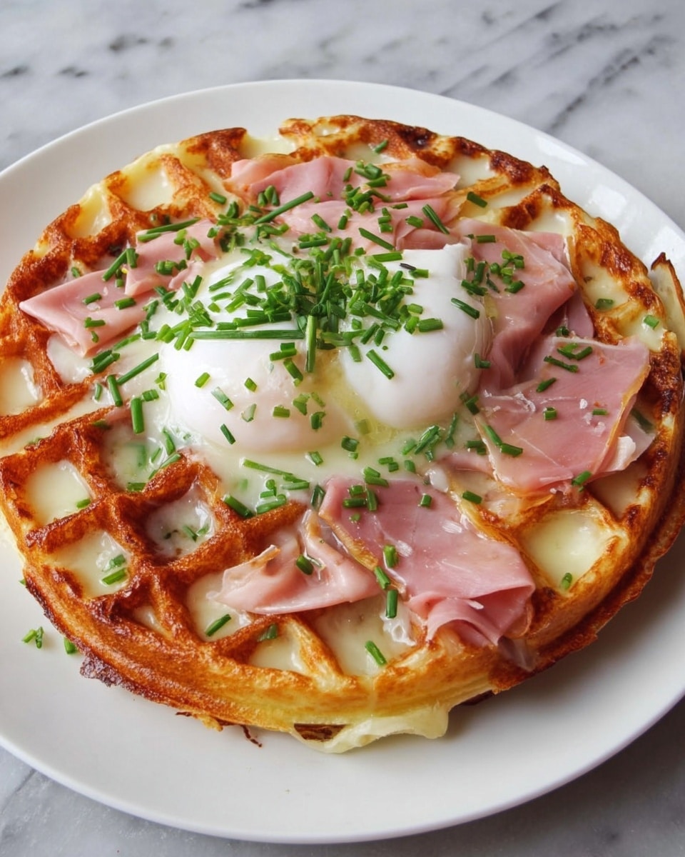 A round waffle with a golden-brown crispy texture forms the base layer, topped with melted white cheese filling the waffle grids. On top of the cheese, thin slices of pink ham are spread unevenly. A poached white egg sits in the center, smooth and round, sprinkled with bright green chopped chives. The dish is placed on a white plate set on a white marbled surface. Photo taken with an iphone --ar 4:5 --v 7
