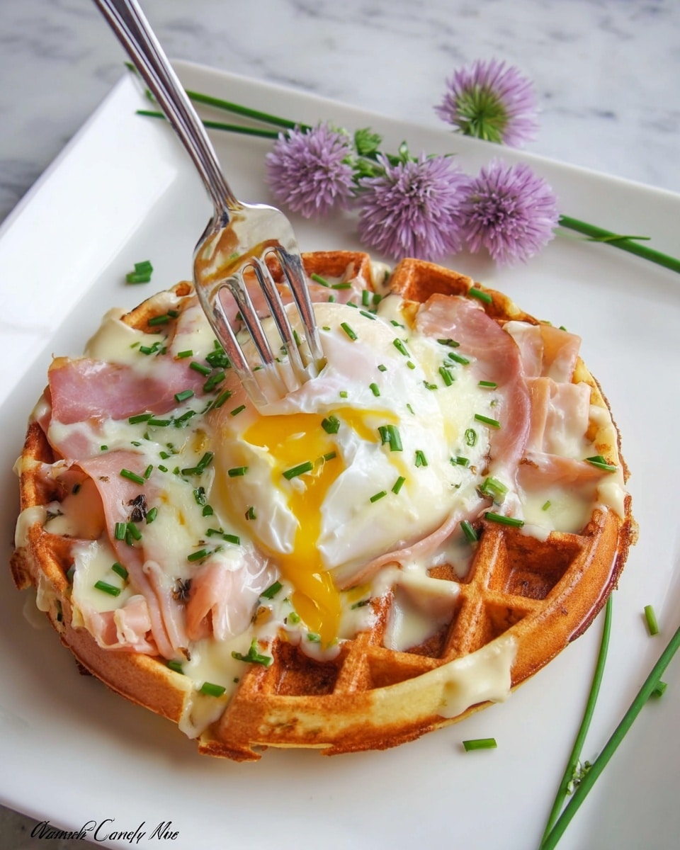 A toasted waffle forms the base, golden brown with a crisp texture and visible square indentations, topped with melted creamy white cheese that spreads unevenly across the surface. On top, there are slices of pink ham with slightly browned edges. In the center sits a perfectly cooked round white poached egg with a smooth surface, speckled with chopped green chives. A fork presses gently into the egg, causing golden yellow yolk to spill over the ham and cheese. The dish is presented on a white square plate with two light purple flowers and some green chives scattered around, all placed on a white marbled surface. photo taken with an iphone --ar 4:5 --v 7