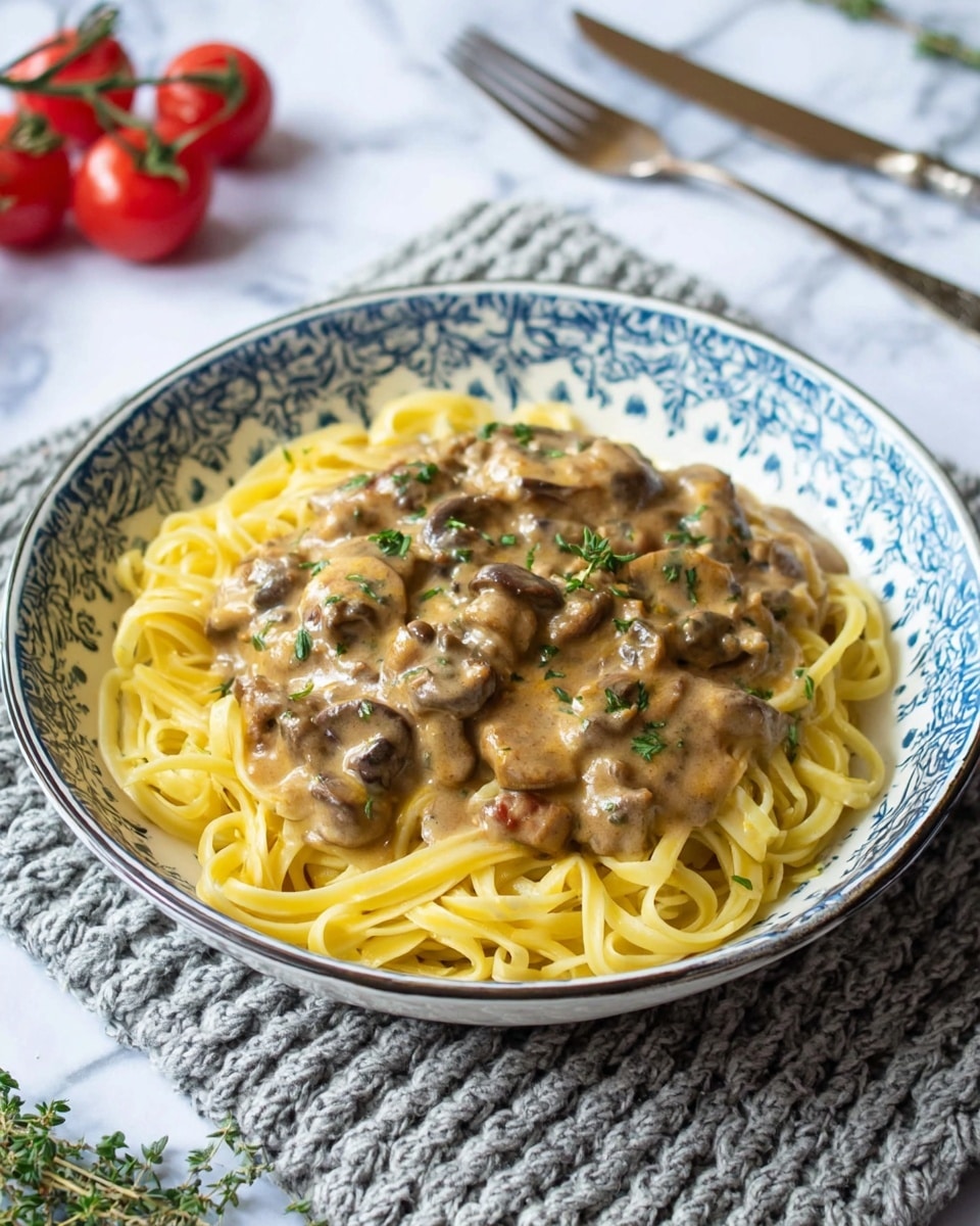 A white bowl with decorative blue patterns holds a dish of thick yellow spaghetti noodles arranged in a loose circular pile, topped with a creamy light brown sauce full of small chunks of beef and mushrooms. Small green herb leaves are scattered on the sauce. The bowl sits on a woven grey and white textured cloth, placed on a white marbled surface. In the background, a silver fork and knife rest on the surface near two small red cherry tomatoes and some green herb sprigs. photo taken with an iphone --ar 4:5 --v 7