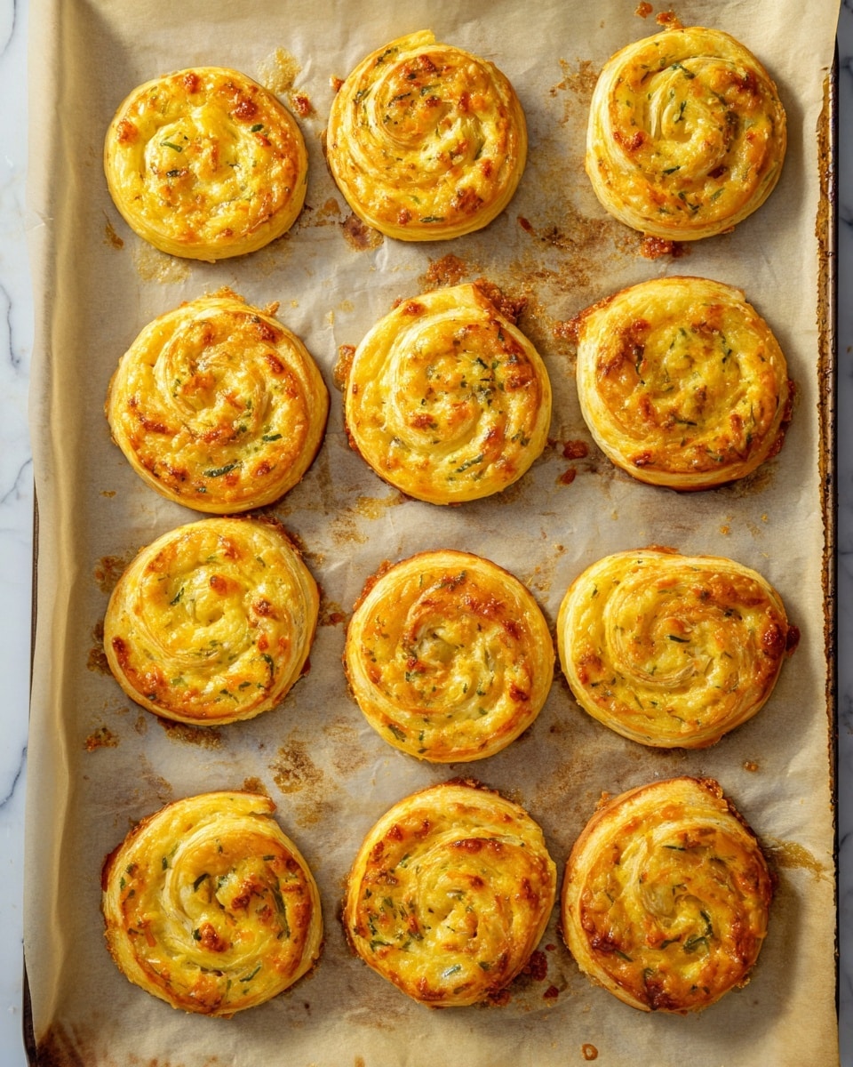 The image shows twelve round, golden-brown pinwheel pastries spread out evenly on parchment paper over a baking tray. Each pinwheel has a visible spiral pattern with light yellow dough mixed with small bits of orange and green vegetables or herbs, giving them a slightly speckled look. The pastries are shiny on top, showing they were brushed with an egg wash before baking. The parchment paper underneath has some greasy spots and crumbs near the pastries. The baking tray edges are visible, and all is set on a white marbled texture background. Photo taken with an iphone --ar 4:5 --v 7