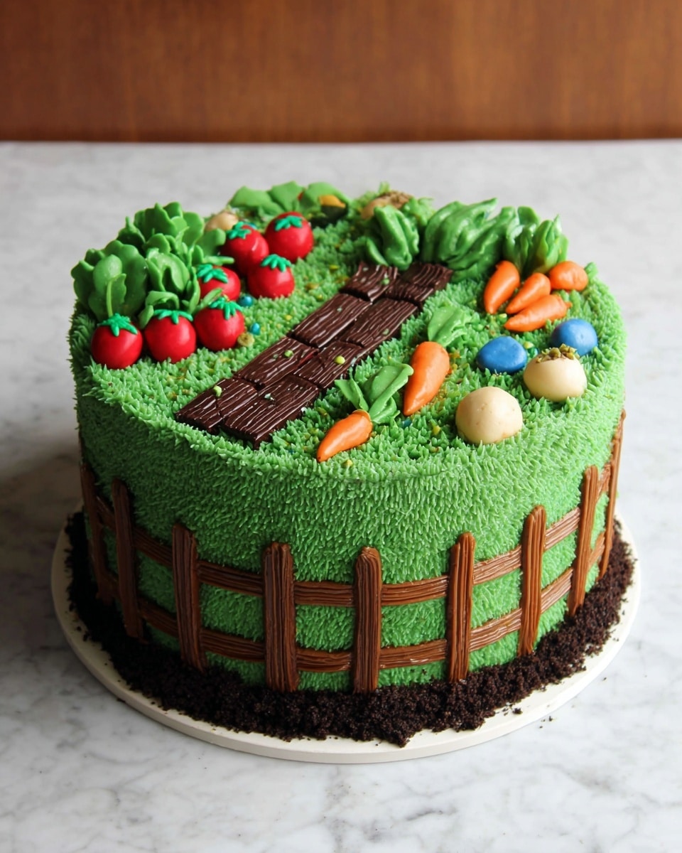 A colorful cake decorated to look like a garden with multiple layers of detailed frosting vegetables; the base layer is bright green frosting shaped like grass covering the cake edges, on top is a dark brown crumb layer that resembles soil. There are rows of textured light brown frosting made to look like garden beds, small round orange shapes with green tops representing carrots in the soil, tiny white shapes with green stems resembling onions, clusters of deep blue dots imitating berries, and round, smooth orange shapes with leafy green tops representing tomatoes placed on the soil. The whole scene gives a playful and vivid garden look. Photo taken with an iphone --ar 4:5 --v 7