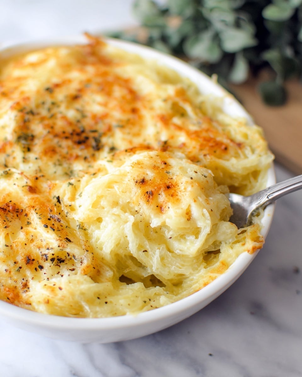 A close-up of a creamy baked spaghetti squash dish served in a white bowl, showing soft spaghetti squash strands coated in a thick layer of melted cheese that is light yellow and slightly browned on top. The surface has some orange seasoning and black pepper sprinkled lightly, creating a speckled texture. A silver spoon is scooping into the soft middle part, revealing gooey layers of cheese and tender squash inside. The background is a white marbled texture and a blurred green leaf is seen in the back. photo taken with an iphone --ar 4:5 --v 7