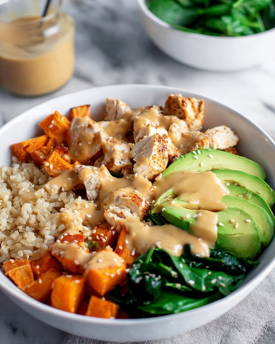 A white bowl contains a colorful layered dish set on a white marbled surface. The bottom layer on the left side is light brown rice, next to bright orange roasted sweet potato cubes with a slightly crispy texture. Beside the sweet potatoes are slices of green avocado, fanned out in thin layers. Near the avocado is fresh dark green spinach, while the right side of the bowl features chunks of seasoned, grilled chicken breast with a light golden brown crust. A creamy tan sauce is drizzled over the chicken, avocado, and sweet potatoes, with some white sesame seeds sprinkled on top. A jar of the same sauce and a spoon in a white bowl of spinach are visible blurred in the background. Photo taken with an iphone --ar 4:5 --v 7