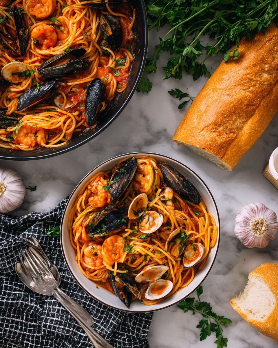 A bowl of seafood spaghetti sits in the center, with long light orange noodles mixed with dark mussel shells, pink shrimp, and small round scallops, all coated in a shiny red tomato sauce with bits of green parsley sprinkled on top. Above the bowl, a pan filled with the same seafood spaghetti is partially visible, showing tangled noodles, mussels, shrimp, and scallops in the sauce. To the right, there is a loaf of golden brown bread resting on a white marbled surface, near some green parsley and a bulb of garlic. On the left side near the bottom, a black and white checkered cloth holds two silver forks. photo taken with an iphone --ar 4:5 --v 7