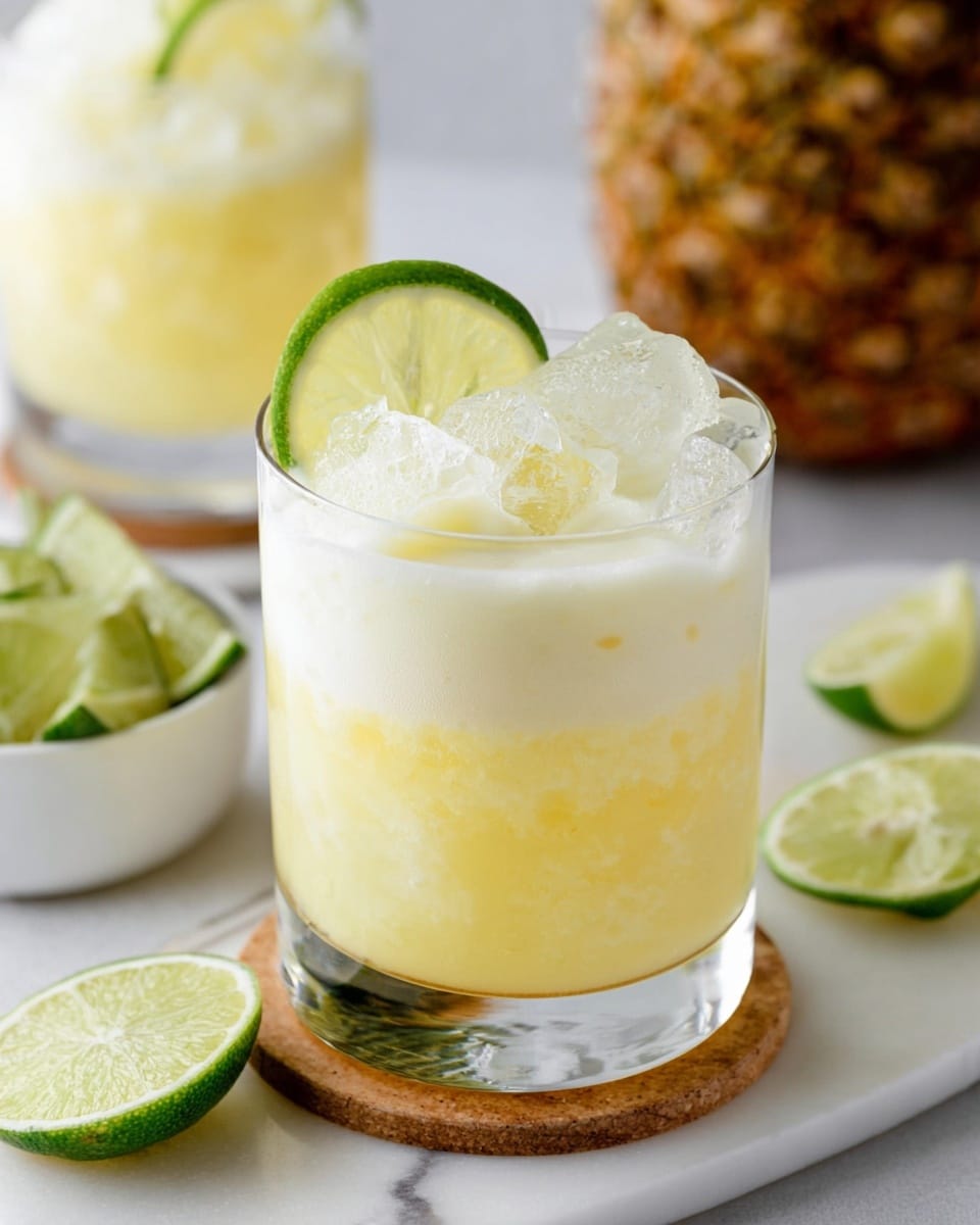 A clear glass filled with three layers: the bottom layer is a light yellow frothy juice mixed with crushed ice, the middle layer is a creamy pale yellow foam, and the top layer has large clear ice cubes; a thin lime slice with green skin is placed on the rim of the glass. The glass is placed on a white marbled surface with lime slices and pineapple pieces around it, and a pineapple is blurred in the background. Another glass with a similar drink is partly visible behind on a white coaster, and a white bowl with lime wedges sits next to the glass. Photo taken with an iphone --ar 4:5 --v 7