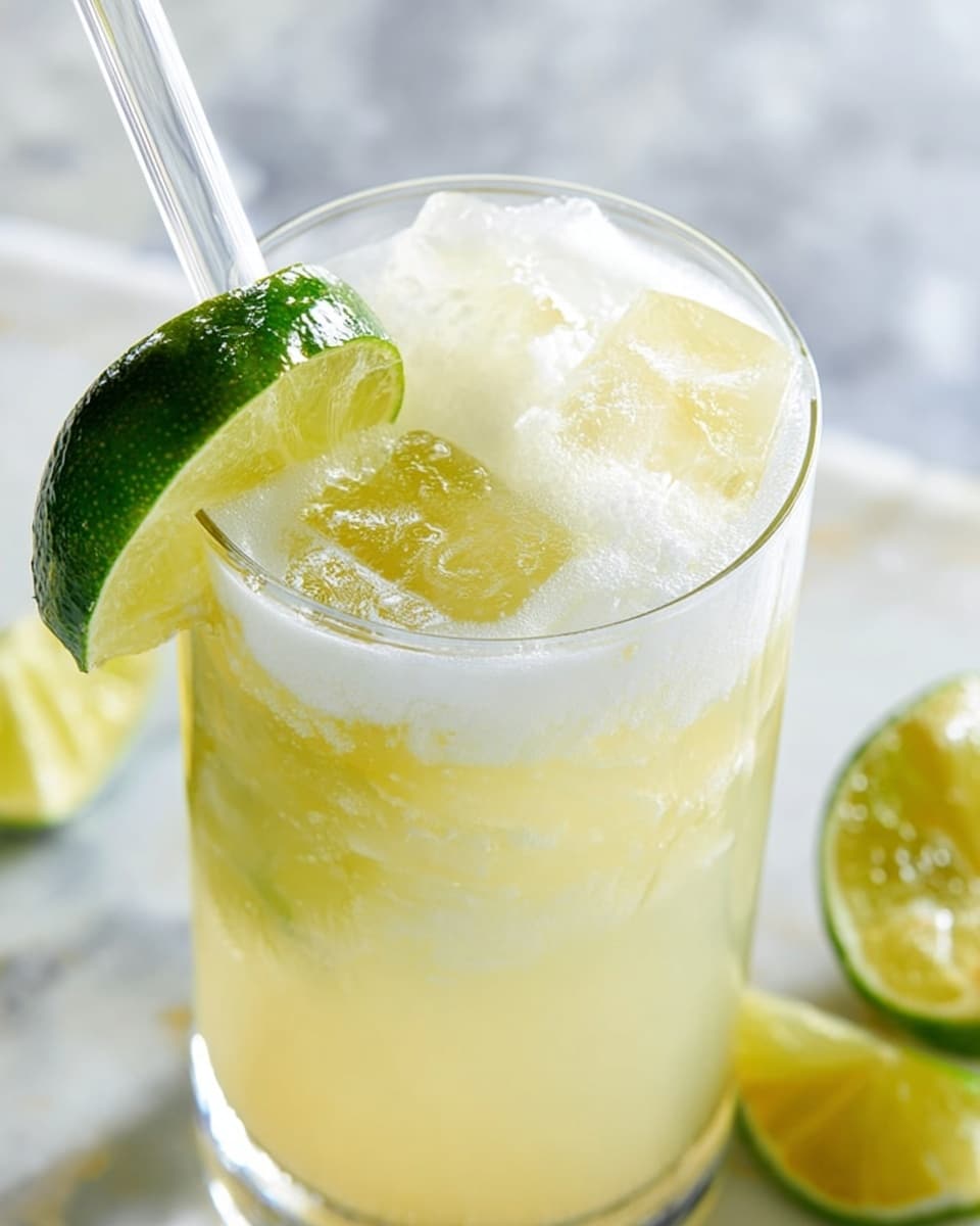A clear glass filled with a pale yellow drink, topped with soft white foam, containing two large clear ice cubes inside. A fresh green lime slice with a shiny texture is placed on the rim of the glass, and another lime slice is partially visible beside it on a white marbled surface. A clear glass straw is inserted into the drink from the top left side. The scene is softly lit, giving a fresh and inviting look. photo taken with an iphone --ar 4:5 --v 7