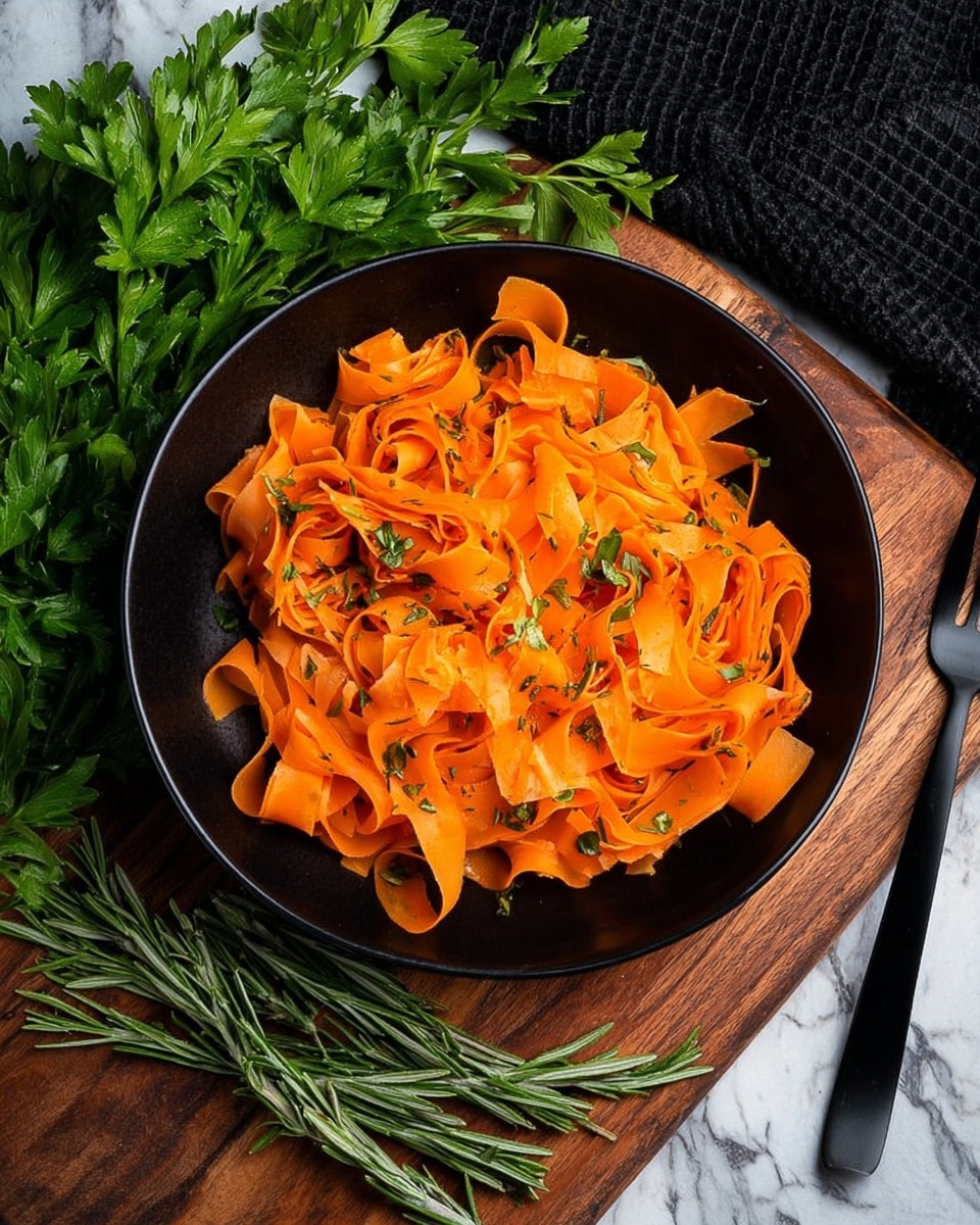 The dish shows a black bowl filled with wide, flat orange carrot ribbons that look soft and fresh, mixed with small bits of green herbs scattered all over. The bowl is placed on a wooden board, with green rosemary sprigs near the bottom edge. To the left of the bowl, bunches of fresh parsley with bright green leaves add freshness to the scene. There is a black fork on the right side of the wooden board. The background is a white marbled texture with a dark waffle-weave cloth partially visible in the top right corner. Photo taken with an iphone --ar 4:5 --v 7
