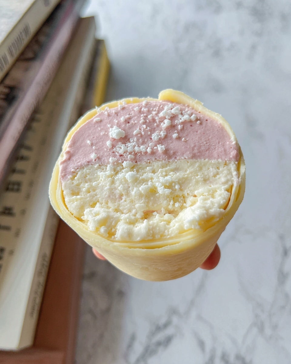 The image shows a single dessert held by a woman's hand, featuring three clear layers. The bottom layer is a light yellow soft cake base with a smooth texture, topped by a thick, creamy pink mousse with a slightly bubbly surface and powdered white crumbs sprinkled on top. The outer edge is wrapped in a thin, pale yellow layer that curls outward slightly, forming a border around the mousse. The scene is set against a white marbled textured background with a stack of books blurred in the bottom left corner. Photo taken with an iphone --ar 4:5 --v 7