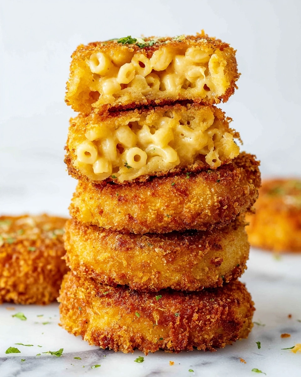 A stack of five round, breaded macaroni and cheese patties sits on a white marbled surface. The bottom three patties show a crispy, golden-brown breaded crust with a rough texture. On top, two patties are cut in half to reveal the inside, showing layers of creamy, yellow macaroni and cheese pasta with small elbow macaroni shapes visible. Small green herb pieces are scattered on the patties and the surface around them. The background is plain white, focusing attention on the stack. photo taken with an iphone --ar 4:5 --v 7