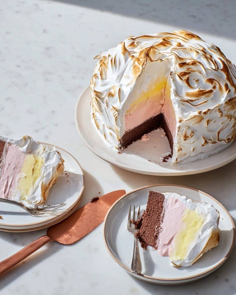 Baked Alaska with Cocoa Brownie Base and Fruity Ice Cream Filling Recipe