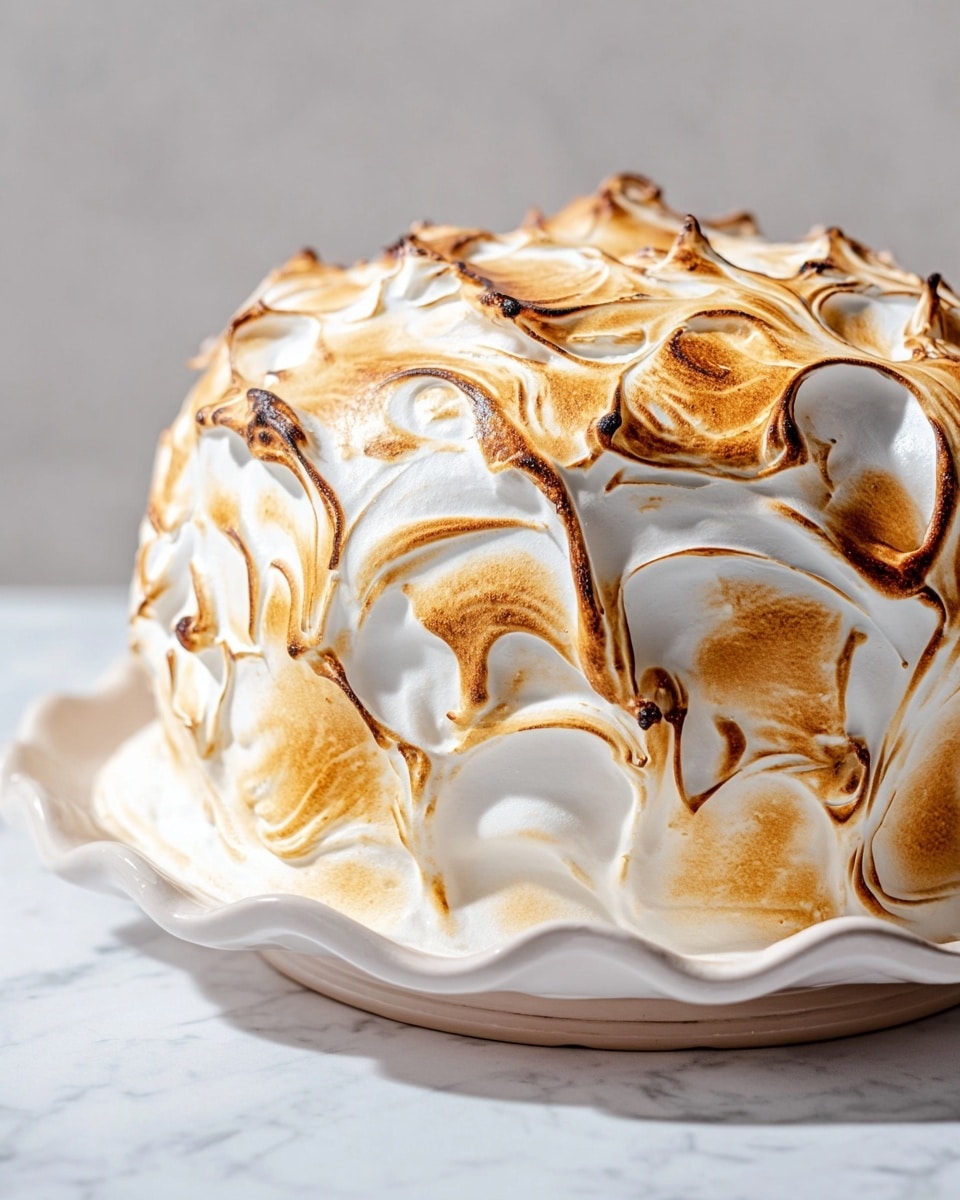 A round cake covered fully with thick, fluffy white meringue that has been toasted to a golden brown with swirls and peaks all over, creating a textured pattern of smooth and slightly crisp edges. The cake sits on a white plate with a wavy edge, placed on a white marbled surface. The toasted meringue shows gradients of light brown to darker caramel tones on the highest points. Photo taken with an iphone --ar 4:5 --v 7