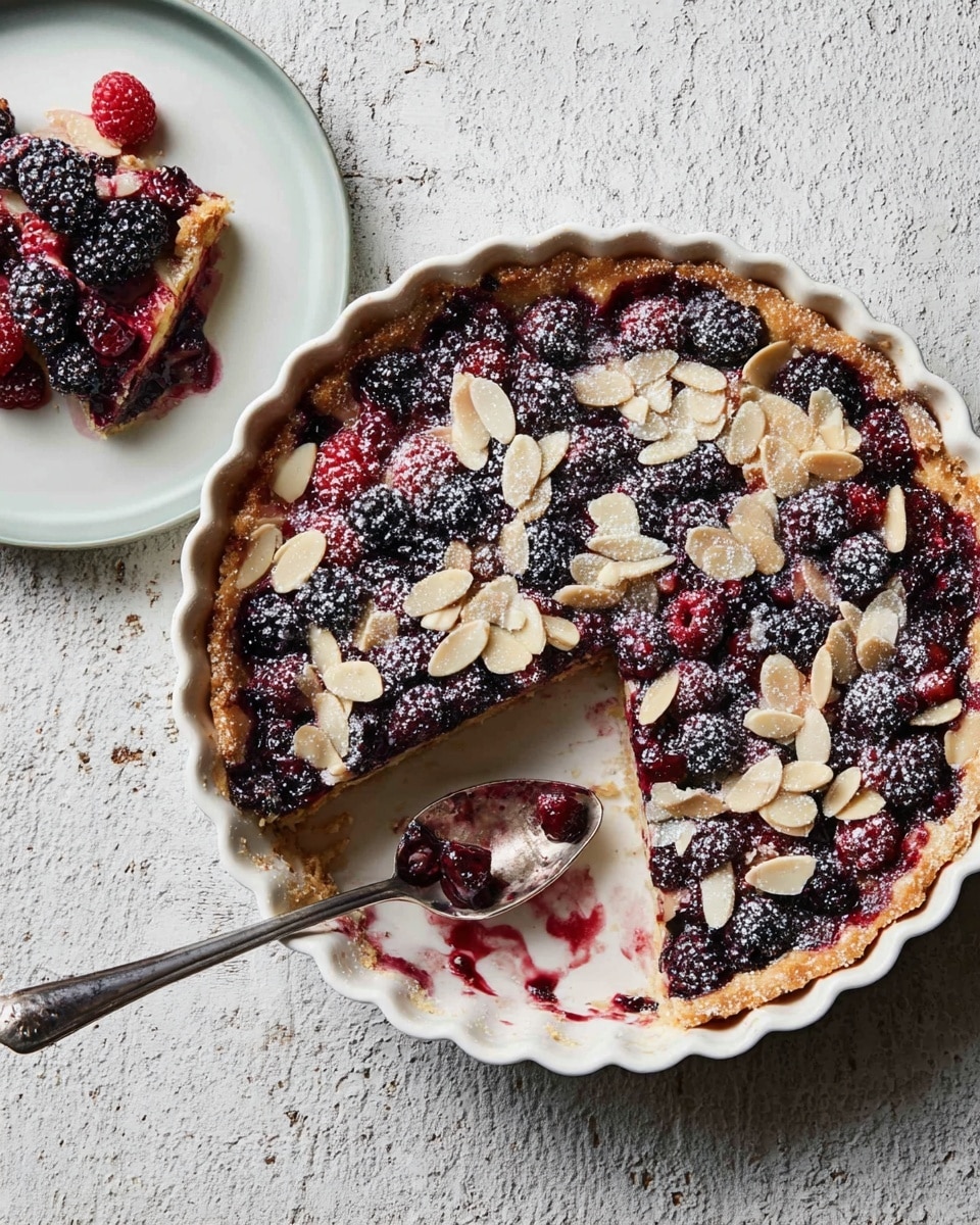 A round tart with a golden brown crust in a white scalloped dish shows a rich filling made of dark purple and red berries, topped with scattered light beige almond slices and a dusting of white powdered sugar. One-quarter of the tart is missing, with the empty section revealing a creamy, slightly browned layer beneath the berries. A silver spoon with berry stains rests inside the dish near the missing section. On the left side, a small white plate holds a serving of the tart, showing the mixed berries and almonds on top and a creamy inside. All is set on a white marbled textured surface. photo taken with an iphone --ar 4:5 --v 7