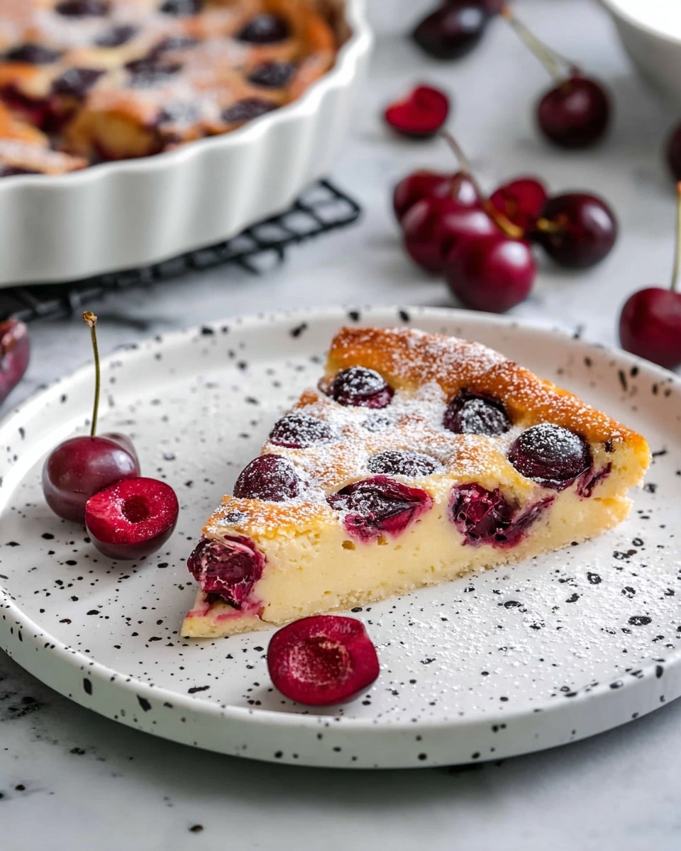 A single slice of cherry clafoutis sits on a white plate with black speckles, placed on a white marbled surface. The clafoutis has two layers: a bottom creamy yellow custard layer filled with halved dark red cherries, and a top golden-brown baked layer with whole dark red cherries embedded and lightly dusted with powdered sugar. Next to the slice on the plate is one whole cherry with a stem and several halved cherries showing bright red flesh. The background shows parts of a white baking dish with more clafoutis inside and scattered cherries. Photo taken with an iphone --ar 4:5 --v 7