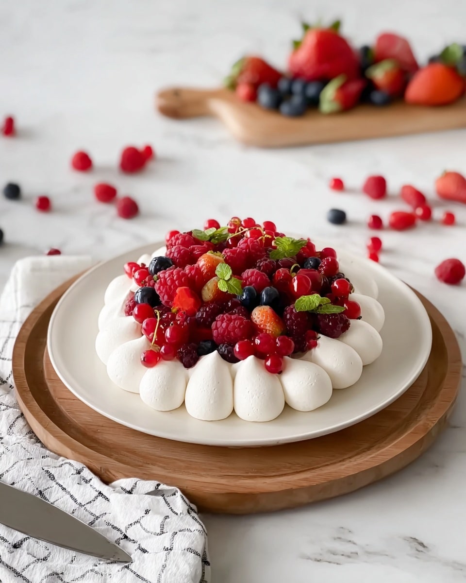 The image shows a two-layer dessert on a white plate placed on a round wooden board. The bottom layer is made of smooth white meringue dollops arranged in a circle, creating a soft and fluffy texture. On top, there is a pile of fresh mixed berries including bright red raspberries, strawberries cut in halves, small dark blueberries, and red currants, scattered closely and sprinkled with small green mint leaves for color contrast. In the background, some more berries are scattered on a white marbled surface alongside a wooden board with strawberries and blueberries. A white cloth with black stripes and a silver knife lie beside the dessert. Photo taken with an iphone --ar 4:5 --v 7