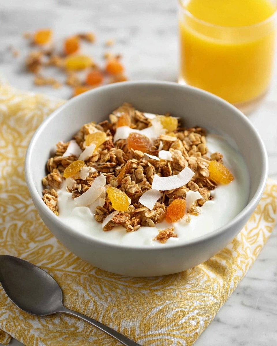 A white bowl filled with a base layer of creamy white yogurt, topped with a generous layer of granola mixed with small pieces of dried fruits in orange, light yellow, and off-white colors, along with some thin white coconut flakes scattered on top. The bowl sits on a white marbled surface next to a silver spoon resting on a yellow patterned cloth, and in the background, there is a glass filled with bright yellow-orange juice. Photo taken with an iphone --ar 4:5 --v 7