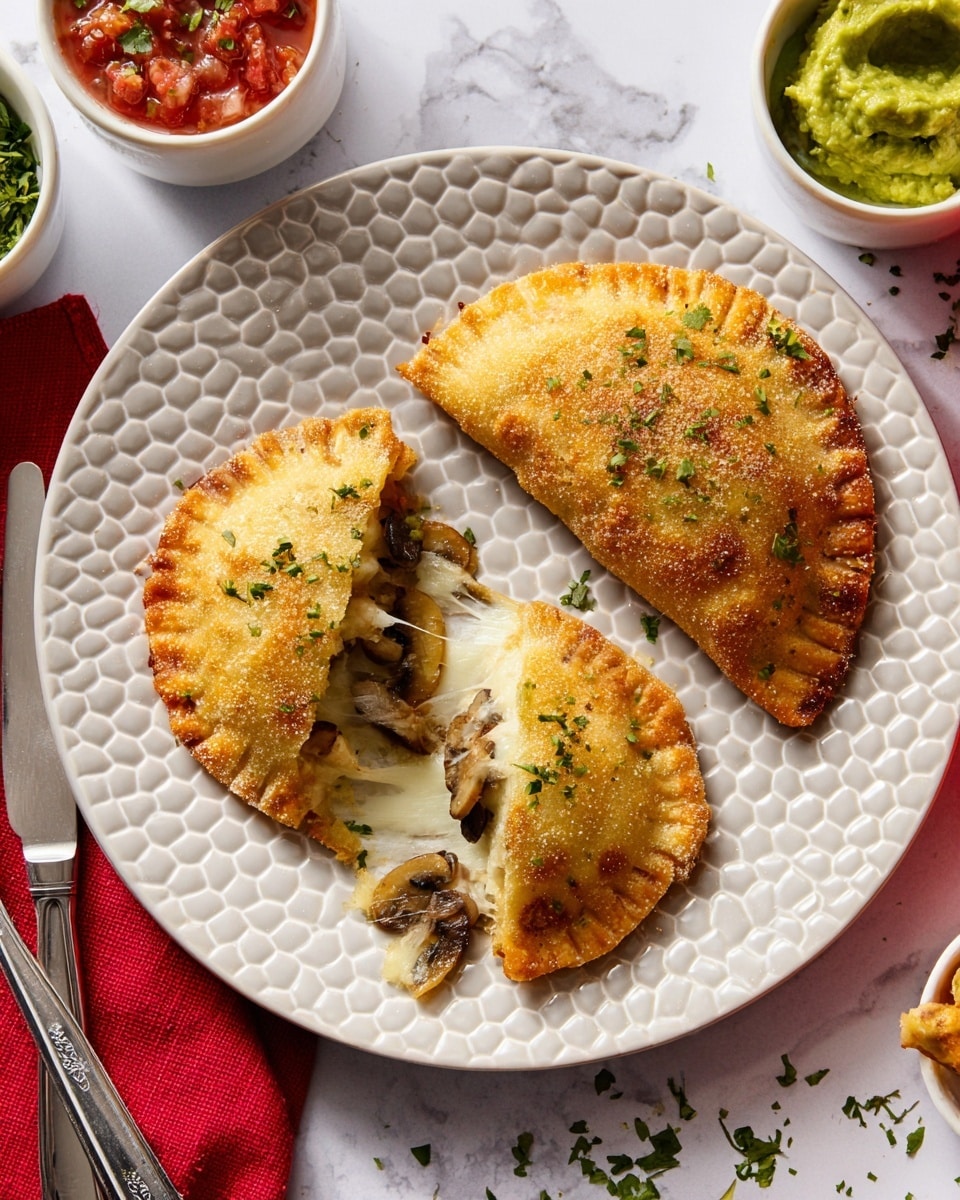 The image shows a white plate with a honeycomb pattern holding two golden brown, fried hand pies. One whole pie is positioned at the top right of the plate, and a second pie is broken into two pieces in the bottom left of the plate, revealing a melted white cheese and mushroom filling inside. The pies have a crispy, slightly textured outer layer sprinkled with green herbs. The plate is on a white marbled surface with a red napkin underneath, holding a silver knife and fork on the left side. There are small white bowls with red salsa on the top left and green guacamole on the right side. Some green herbs are scattered lightly on and around the pies. photo taken with an iphone --ar 4:5 --v 7