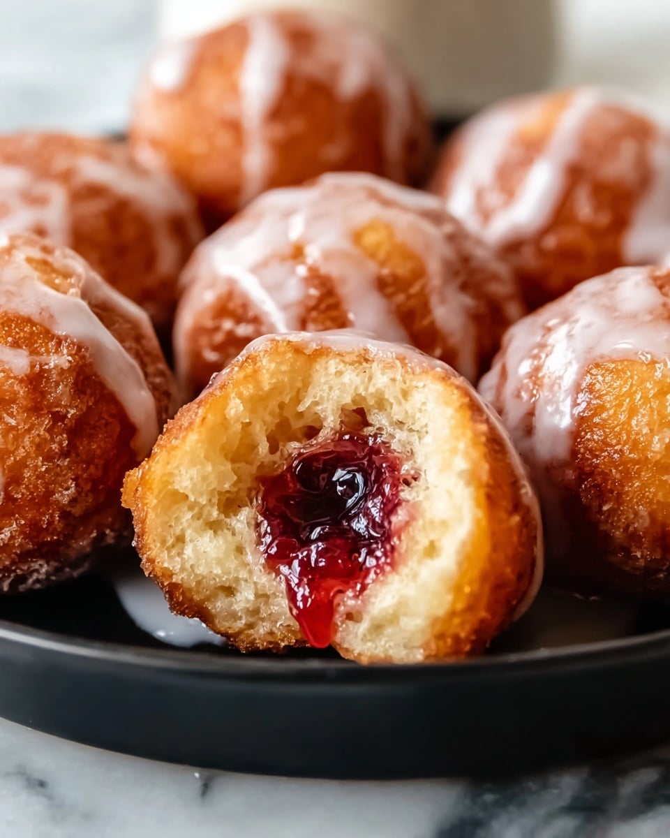 The image shows a close-up view of golden-brown, round donut holes with a shiny, white glaze drizzled on top. The front donut hole is bitten in half, revealing a rich, dark red jelly filling inside, surrounded by a light, fluffy dough layer. The glaze is dripping slightly over the edges, adding a fresh, sticky texture contrast. Several whole donut holes form the background, sitting closely together on a black tray placed on a white marbled surface. The focus highlights the texture and glossy glaze on the donut holes, making them look soft and fresh. Photo taken with an iphone --ar 4:5 --v 7