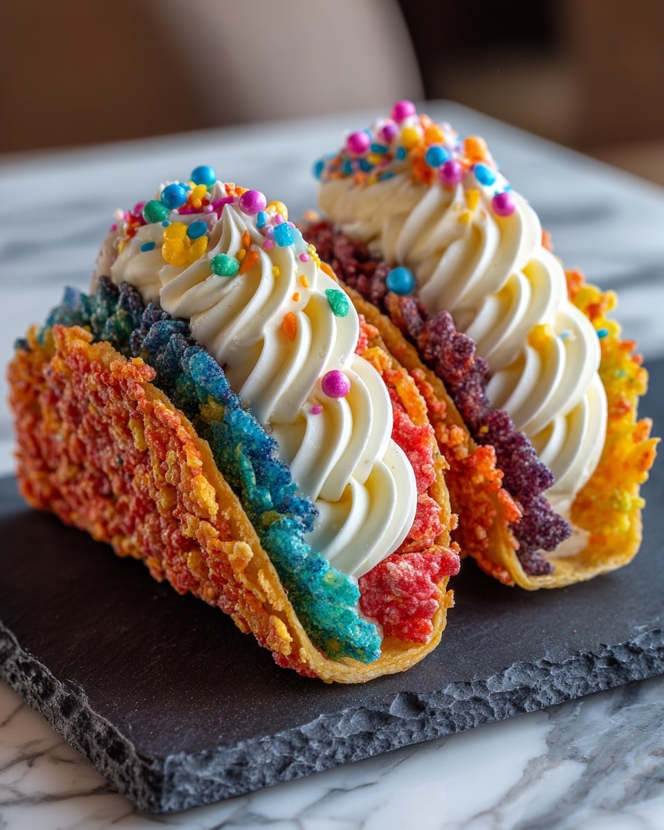 Two small taco-shaped shells made of colorful crispy cereal pieces in red, orange, yellow, green, blue, and purple, filled with smooth white cream layered three times inside each shell. The cream is topped with small round multicolored sprinkles and crunchy colorful cereal bits scattered on top and around the shells. The tacos are placed on a dark slate board with a white marbled surface blurred in the background. photo taken with an iphone --ar 4:5 --v 7