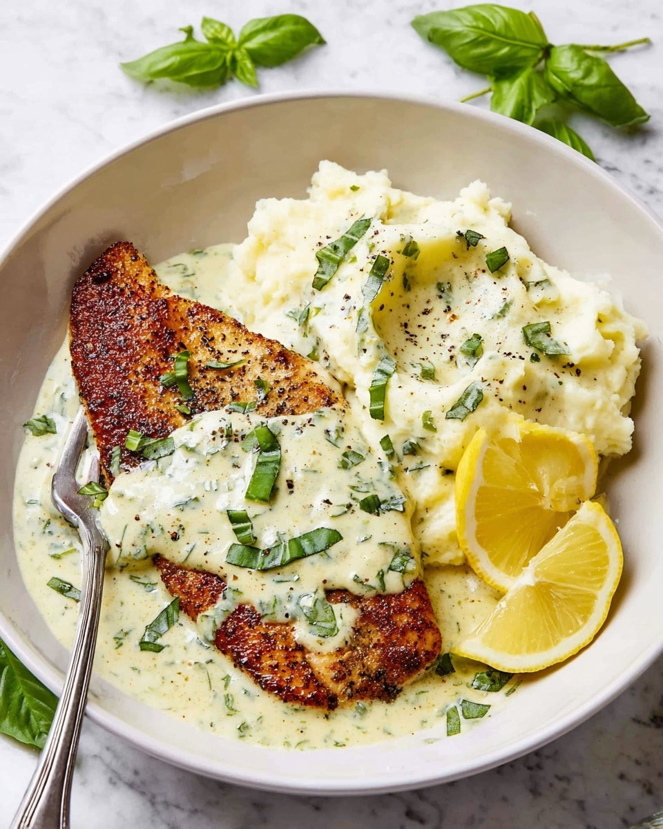 A white bowl holds a serving of dark brown, crispy fish fillet covered partially with creamy light green herb sauce sprinkled with small bright green basil leaves and chopped herbs. Next to the fish is a light, fluffy mound of white mashed potatoes with the same creamy herb sauce on top and garnished with green herbs. Two yellow lemon wedges are placed beside the mashed potatoes. A silver fork rests on the edge of the bowl, all set on a white marbled surface with scattered fresh green basil leaves around. Photo taken with an iphone --ar 4:5 --v 7