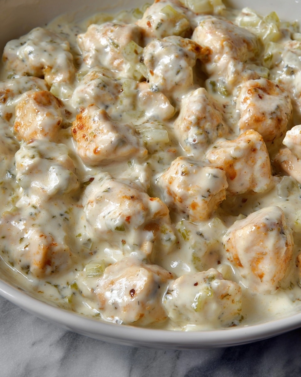 This close-up image shows a creamy dish in a white bowl, filled with multiple pieces of lightly browned chicken coated in a thick, white sauce with subtle green bits of herbs or vegetables mixed in. The sauce has a smooth and slightly glossy texture, evenly covering the chicken chunks. The chicken pieces are irregular in size and shape, some showing a golden brown sear through the sauce. The overall look is rich and hearty. The background is a white marbled texture. photo taken with an iphone --ar 4:5 --v 7