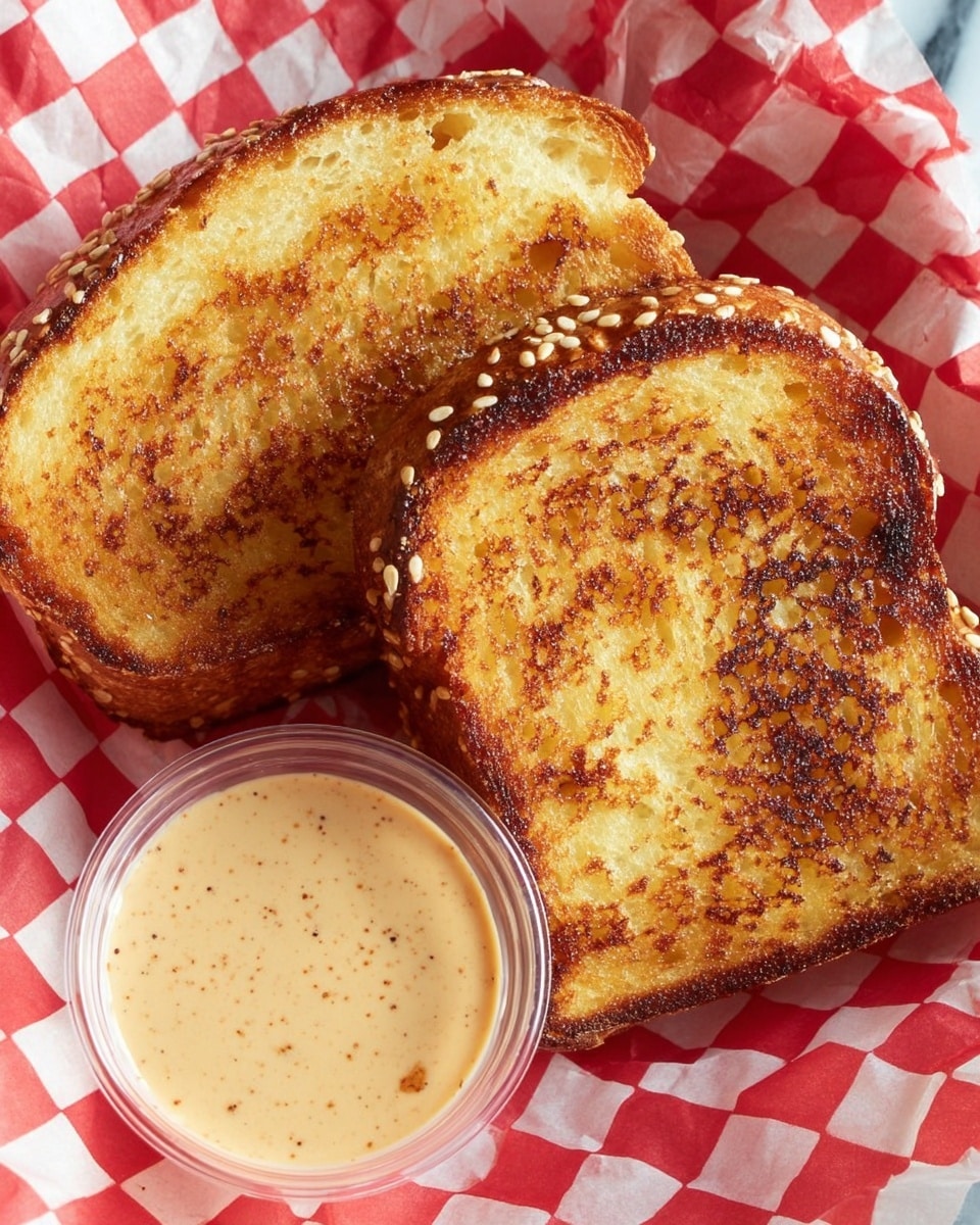 Two slices of toasted sesame seed sandwich bread with a golden brown grilled texture, placed slightly overlapping each other on red and white checkered paper. Next to the bread is a small clear plastic cup filled with light brown creamy sauce that has specks of seasoning. The background is a white marbled texture. photo taken with an iphone --ar 4:5 --v 7