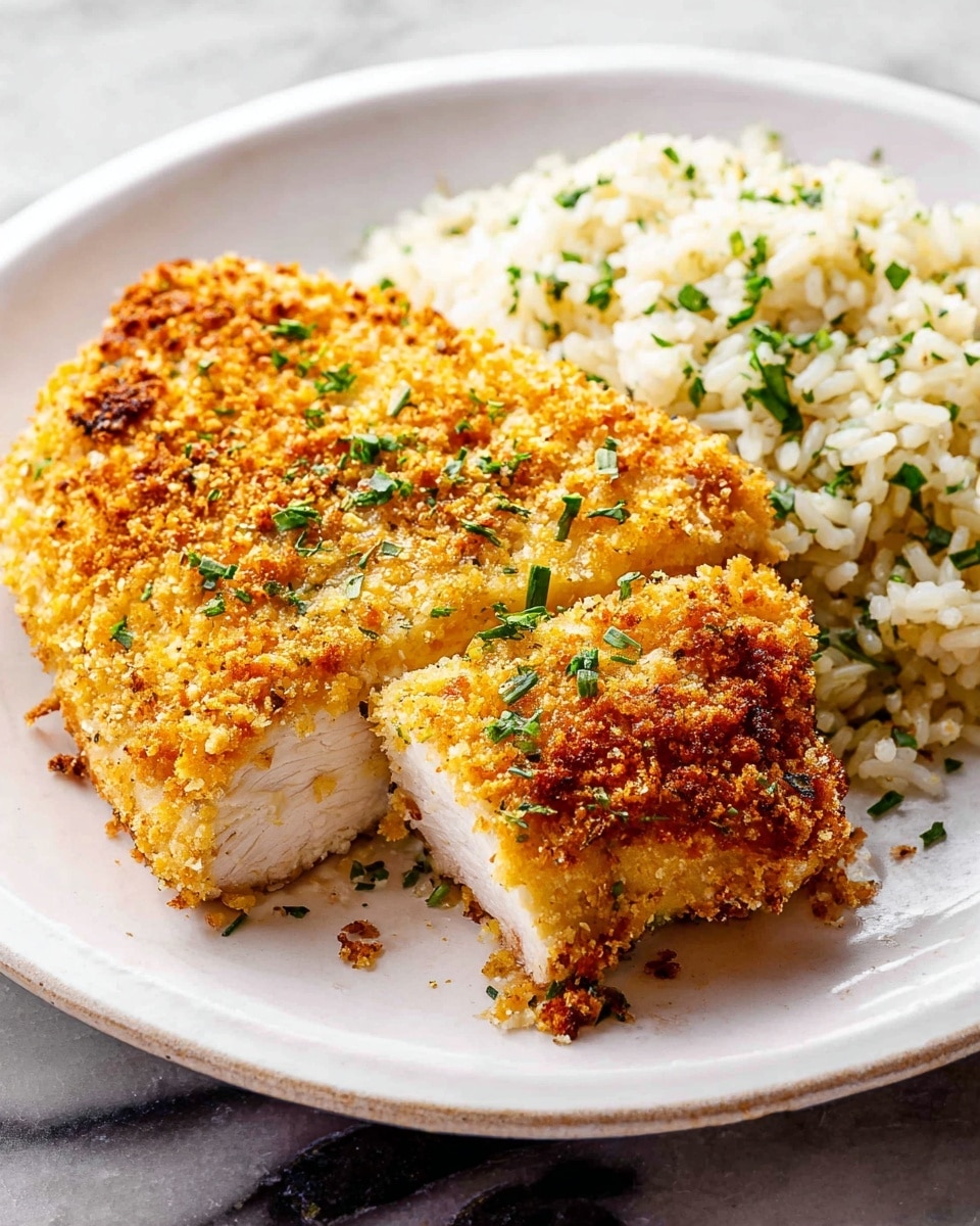 A white plate holds a golden brown breaded chicken breast with a crispy crumb topping, garnished with small green herb pieces. The chicken is cut, showing a light, tender inner layer beneath the crunchy outer crust. To its right, there is a generous serving of cooked white rice mixed with green herbs. The plate rests on a white marbled surface, and the overall lighting highlights the textures and colors clearly. photo taken with an iphone --ar 4:5 --v 7