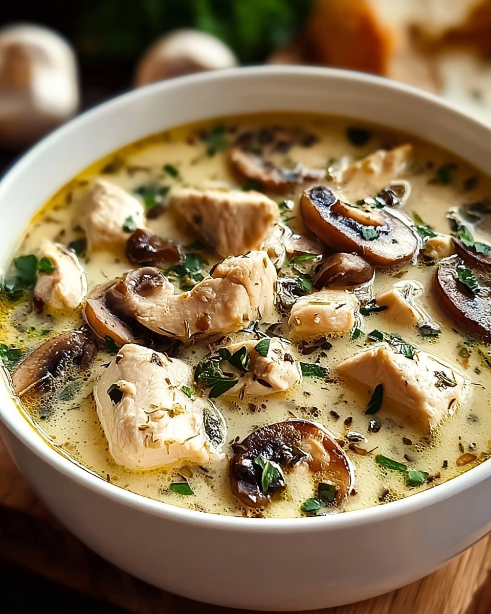 A white bowl filled with creamy soup, showing chunks of tender white chicken pieces and sliced brown mushrooms, all floating in a pale yellow broth with small green herb bits scattered on top, placed on a wooden surface with blurry background elements. photo taken with an iphone --ar 4:5 --v 7