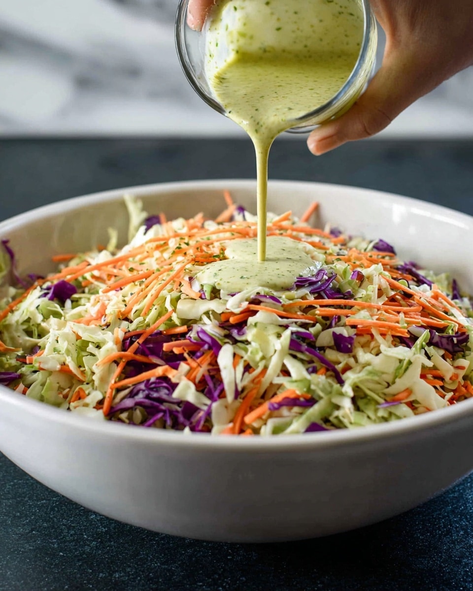 A large white bowl filled with a colorful mix of shredded vegetables, including pale green cabbage, bright orange carrot strips, and deep purple cabbage pieces, creating a vibrant layered texture. A woman's hand is pouring a creamy light green dressing with a smooth texture from a small glass container directly onto the center of the vegetable mix. The bowl sits on a dark surface with a white marbled texture in the background. photo taken with an iphone --ar 4:5 --v 7