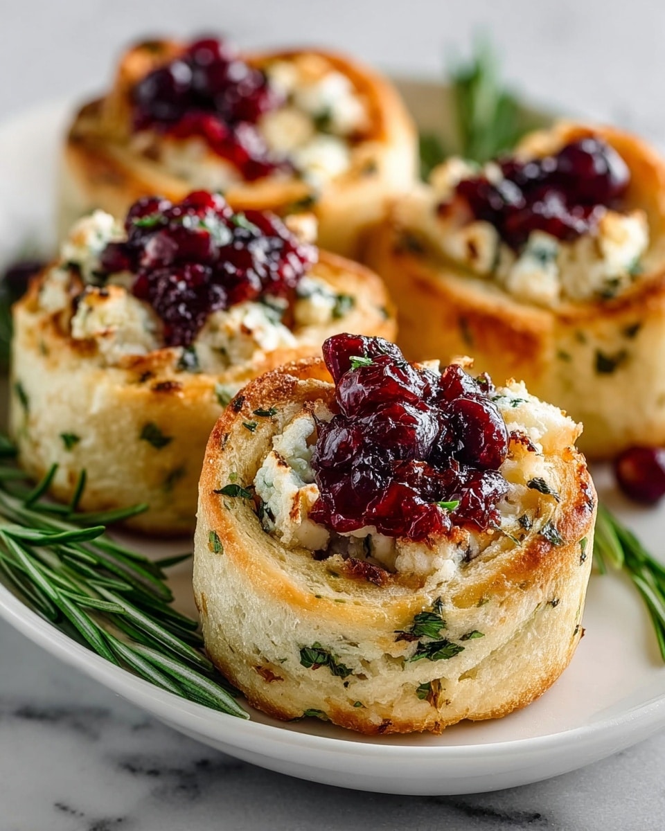 The image shows four round savory rolls on a white plate, each with about three visible layers. The outer layer is golden brown and slightly crispy, with bits of green herbs scattered throughout. Inside each roll, crumbly white cheese is spread evenly, contrasting with the golden dough. On top of each roll, a layer of glossy, deep red berry sauce and small whole berries adds a bright pop of color. Fresh green rosemary sprigs lie on the plate beside the rolls, all set against a white marbled surface. photo taken with an iphone --ar 4:5 --v 7