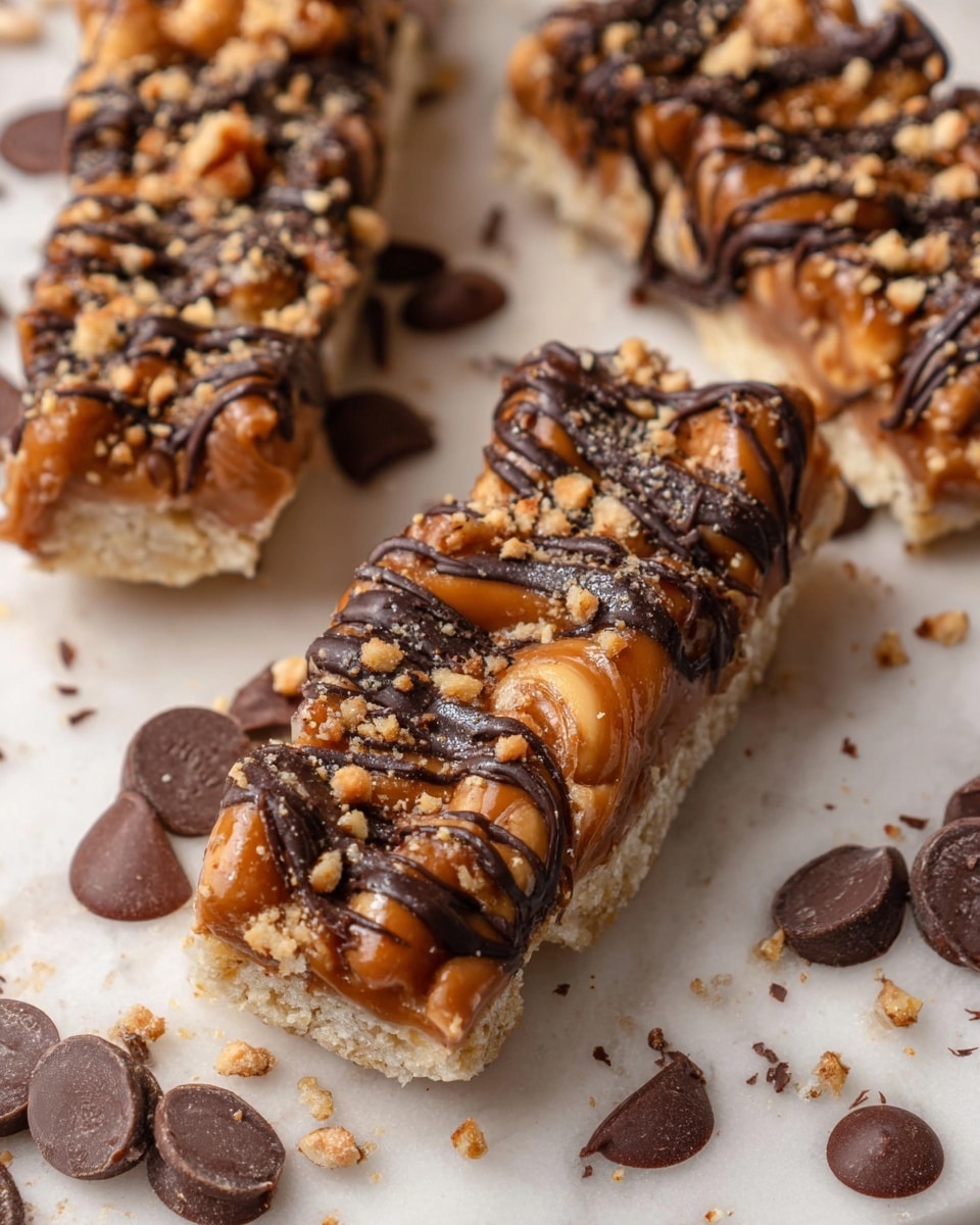 The image shows three pieces of a dessert with a base layer of light beige, crispy texture. On top, there is a thick layer of caramel in shiny rich brown color, covered with swirls of dark chocolate drizzled irregularly. The treats are sprinkled with small chunks and crumbs of crushed nuts on top, adding a rough texture and light brown color. Scattered around the dessert are some large dark chocolate drops, all placed on a white marbled surface that enhances their warm tones. photo taken with an iphone --ar 4:5 --v 7