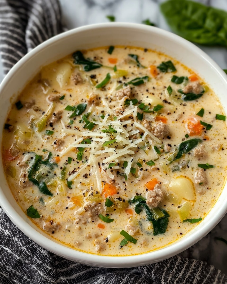 A white bowl filled with creamy soup showing multiple layers: the base layer is smooth and light yellow cream, mixed with small orange carrot pieces and small green spinach leaves scattered throughout. Chunks of light brown ground meat and soft celery slices add texture. On top, shredded white cheese is sprinkled with fresh chopped green herbs and black pepper. The bowl sits on a grey striped cloth over a white marbled surface. Photo taken with an iphone --ar 4:5 --v 7