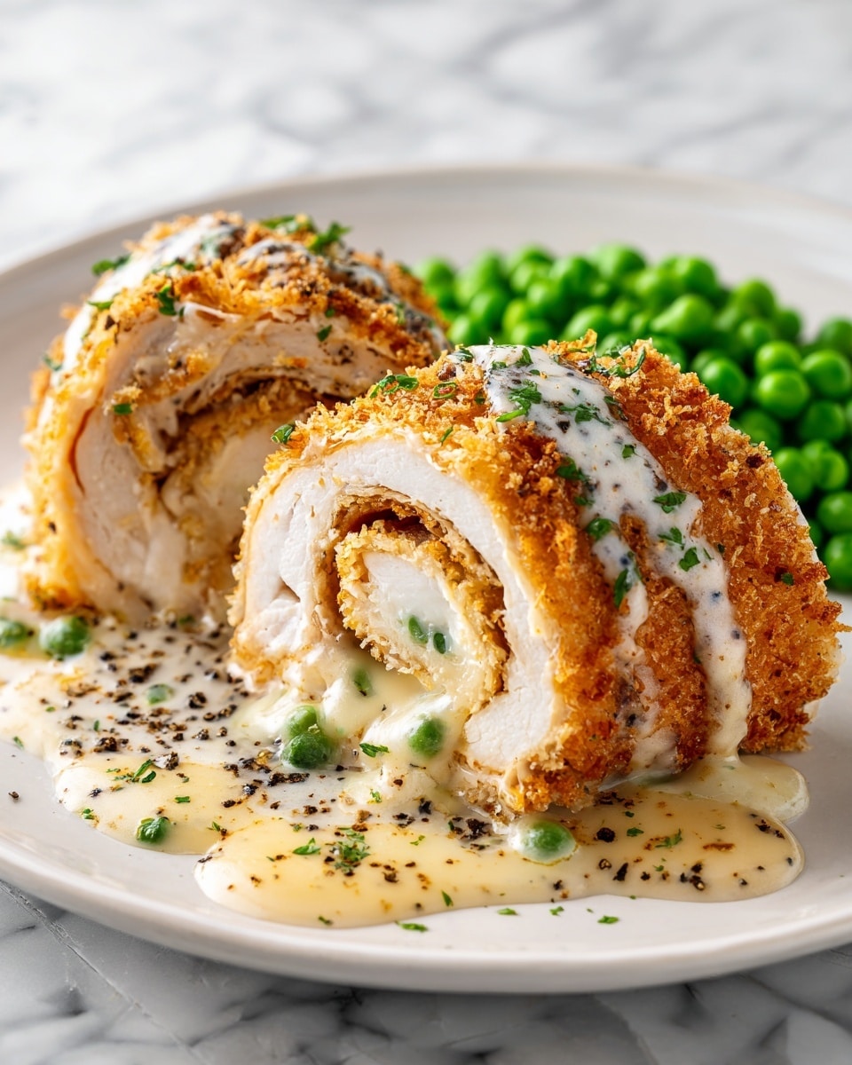 A white plate holds a crispy, golden brown breaded chicken roll cut in half, showing layers inside of melted creamy white cheese and a light-colored filling, topped with a drizzle of pale yellow sauce with black pepper sprinkled on and around the chicken. To the side, bright green peas add a pop of color on the plate. The plate sits on a white marbled texture surface. photo taken with an iphone --ar 4:5 --v 7