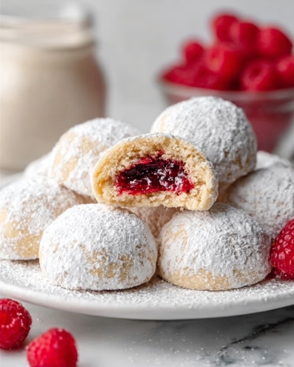 A white plate holds a group of small round cookies covered in white powdered sugar. One cookie is cut open and placed on top of another, showing a vibrant red jam filling inside, with a soft and crumbly pale cookie exterior. In the background, there are fresh raspberries and a glass jar with a white creamy liquid, all set against a white marbled surface. A woman's hand lightly touches one of the cookies. The image has a soft and bright look, capturing the texture of the powdered sugar and jam clearly. photo taken with an iphone --ar 4:5 --v 7