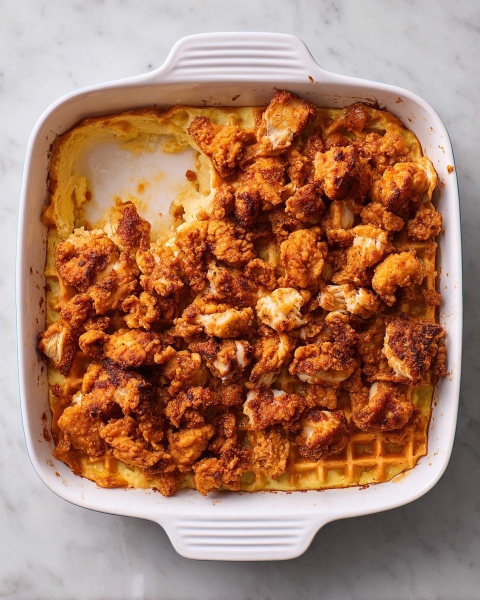 The image shows a white casserole dish filled with a baked dish that has two main layers. The bottom layer is a light golden color and looks soft, while the top layer consists of pieces of crispy fried chicken with a crunchy texture and golden brown color, scattered unevenly over the bottom. There are also broken pieces of waffles mixed on top, with a light tan color and a grid pattern. The dish has a small missing section near the left side, showing the inside and the two layers clearly. The casserole dish rests on a white marbled surface. photo taken with an iphone --ar 4:5 --v 7