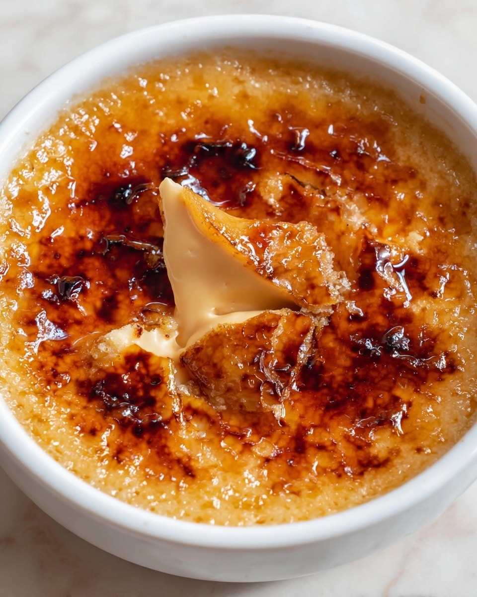 A white round dish with two handles holds a creme brulee, which has a shiny, caramelized amber top layer that cracks open. Underneath the caramelized top, there is a creamy, pale yellow custard layer visible where a silver spoon scoops some out from the middle. The white marbled texture surface underneath adds brightness to the scene. photo taken with an iphone --ar 4:5 --v 7