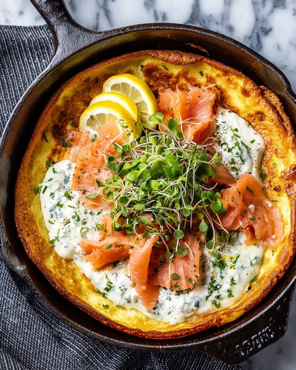 A black cast iron skillet holds a golden-brown, thick pancake-like base with a slightly crispy edge. On top, there are several delicate slices of pink smoked salmon arranged around the center, which is covered with a generous dollop of creamy white sauce mixed with finely chopped green herbs. Fresh green microgreens are scattered over the sauce and salmon, adding vibrant color and texture. Three thin lemon wedges with pale yellow flesh rest on the salmon and sauce, completing the fresh presentation. The skillet sits on a white marbled surface with a dark striped cloth underneath. Photo taken with an iphone --ar 4:5 --v 7