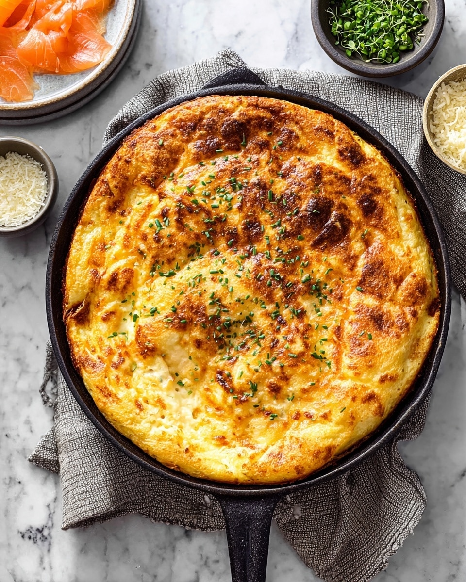 A golden-brown baked dish in a black cast iron skillet with a slightly puffed, crispy top layer sprinkled with small green herbs. The top layer has a bubbly, uneven texture with some parts more browned than others, showing light yellow and deeper orange tones. The dish sits on a grayish striped cloth on a white marbled surface. Around the skillet are a small white bowl of green sprouts, a black bowl of grated cheese, and a white plate with thin orange slices of smoked fish. Photo taken with an iphone --ar 4:5 --v 7