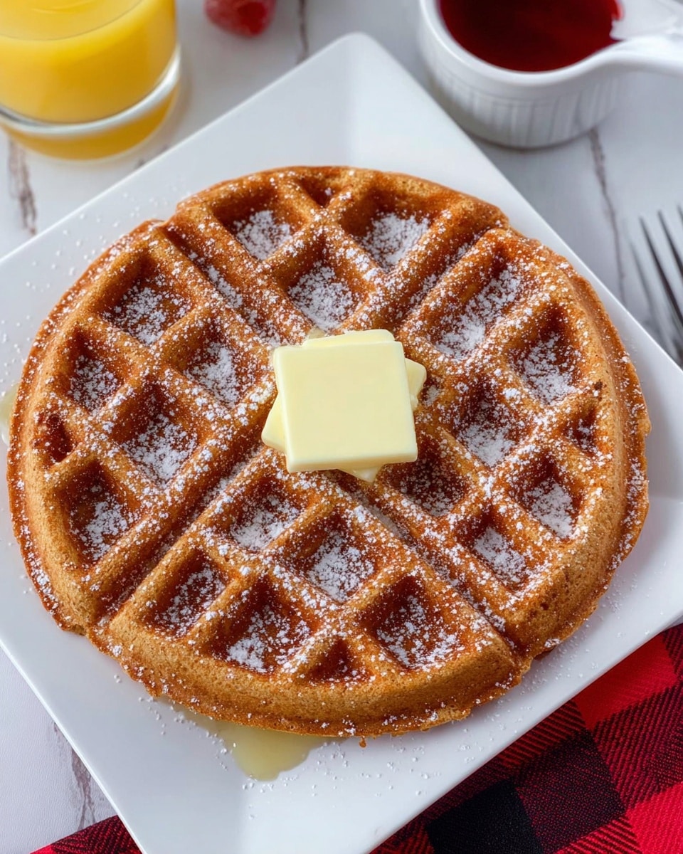 A stack of three thick, round waffles with a golden-brown color sits on a white plate. Each waffle has square indentations filled with syrup that glistens in the light. Powdered sugar is sprinkled lightly over the top and sides of the stack. A small pat of butter, pale yellow and slightly melted, rests in the center on top of the top waffle. Syrup is also drizzled around the base, pooling slightly on the white marbled surface beneath the plate. The image looks warm and inviting. photo taken with an iphone --ar 4:5 --v 7