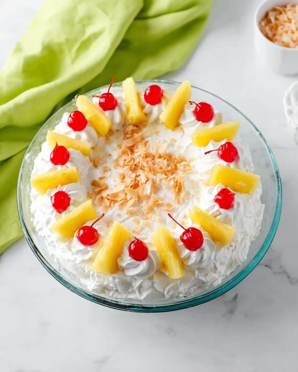 A clear round glass plate holds one layer of white whipped cream topped with toasted coconut flakes spread in the center. Around the edge, there are dollops of white whipped cream evenly spaced, each topped with a bright red cherry and two yellow pineapple slices standing upright. The plate is set on a white marbled surface with a bright green cloth draped nearby, and a small white bowl with toasted coconut flakes is partially visible in the top right corner. photo taken with an iphone --ar 4:5 --v 7