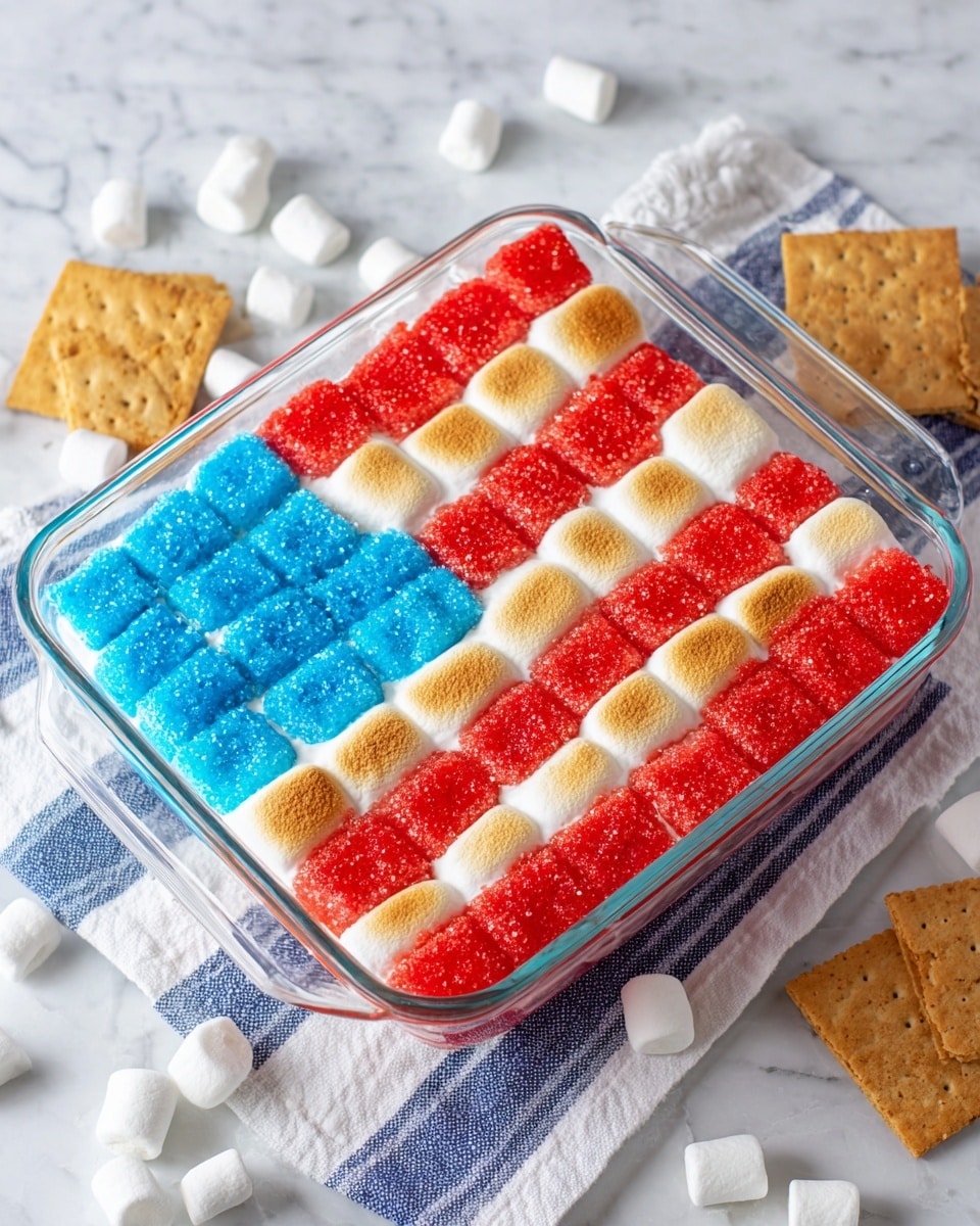 A rectangular white tray filled with three main layers arranged to look like an American flag. The bottom layer is a base of white marshmallows laid evenly in rows, some topped with red sugar crystals forming red stripes. In the top left corner, white marshmallows are topped with blue sugar crystals arranged in a square. Around the edges of the tray, whole light brown graham crackers stand upright and are also stacked flat along the bottom. A small pile of chocolate spread is visible in the lower right corner with one graham cracker dipped in it. The tray is placed on a white marbled surface with a red and white striped cloth partially underneath, photo taken with an iphone --ar 4:5 --v 7