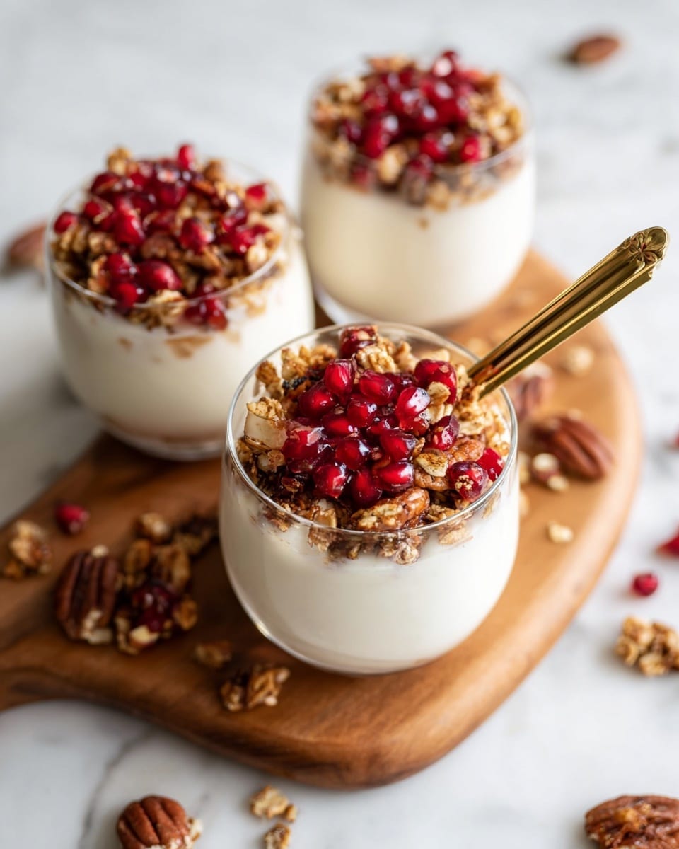 The image shows three clear glass cups filled with three layers: the bottom thick layer is creamy white yogurt, the middle layer is hidden but appears also creamy, and the top layer is a mix of crunchy brown granola and bright red pomegranate seeds scattered evenly. One cup in front, sitting on a curved wooden board, has a golden spoon placed inside it, leaning on the right side. The cups are placed on a white marbled surface with small pecan pieces spread around them, adding extra texture to the scene. The background is softly blurred, keeping focus on the yogurt cups. Photo taken with an iphone --ar 4:5 --v 7