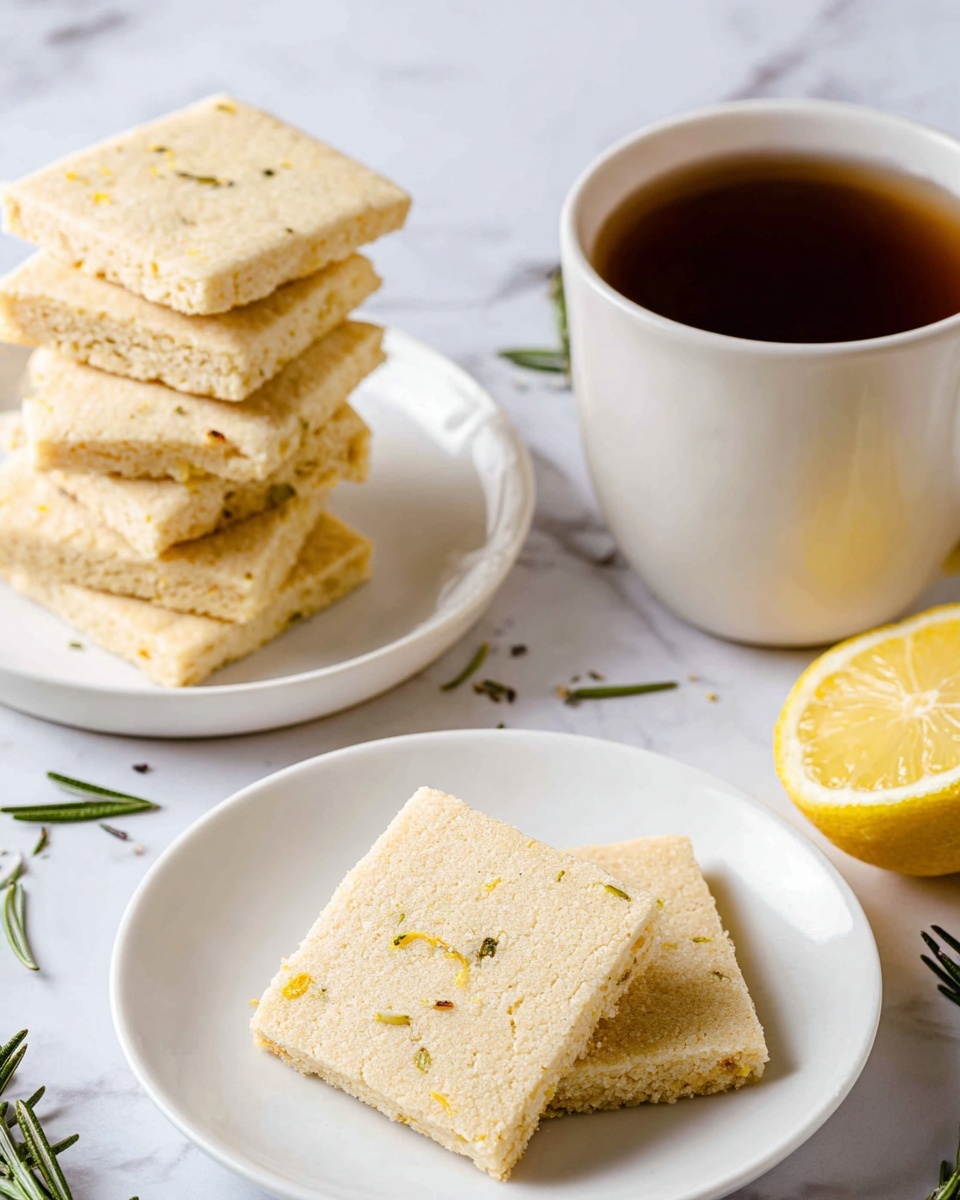 Two square shortbread cookies sit on a white plate, showing a pale golden color with a crumbly texture and small bits of rosemary and lemon zest. Behind this plate, there is a stack of similar square cookies arranged casually on another white plate, also with a crumbly surface and slight cracks. To the right, a white cup filled with dark tea is placed next to a half lemon on a white marbled surface that holds small sprigs of rosemary scattered around. Photo taken with an iphone --ar 4:5 --v 7