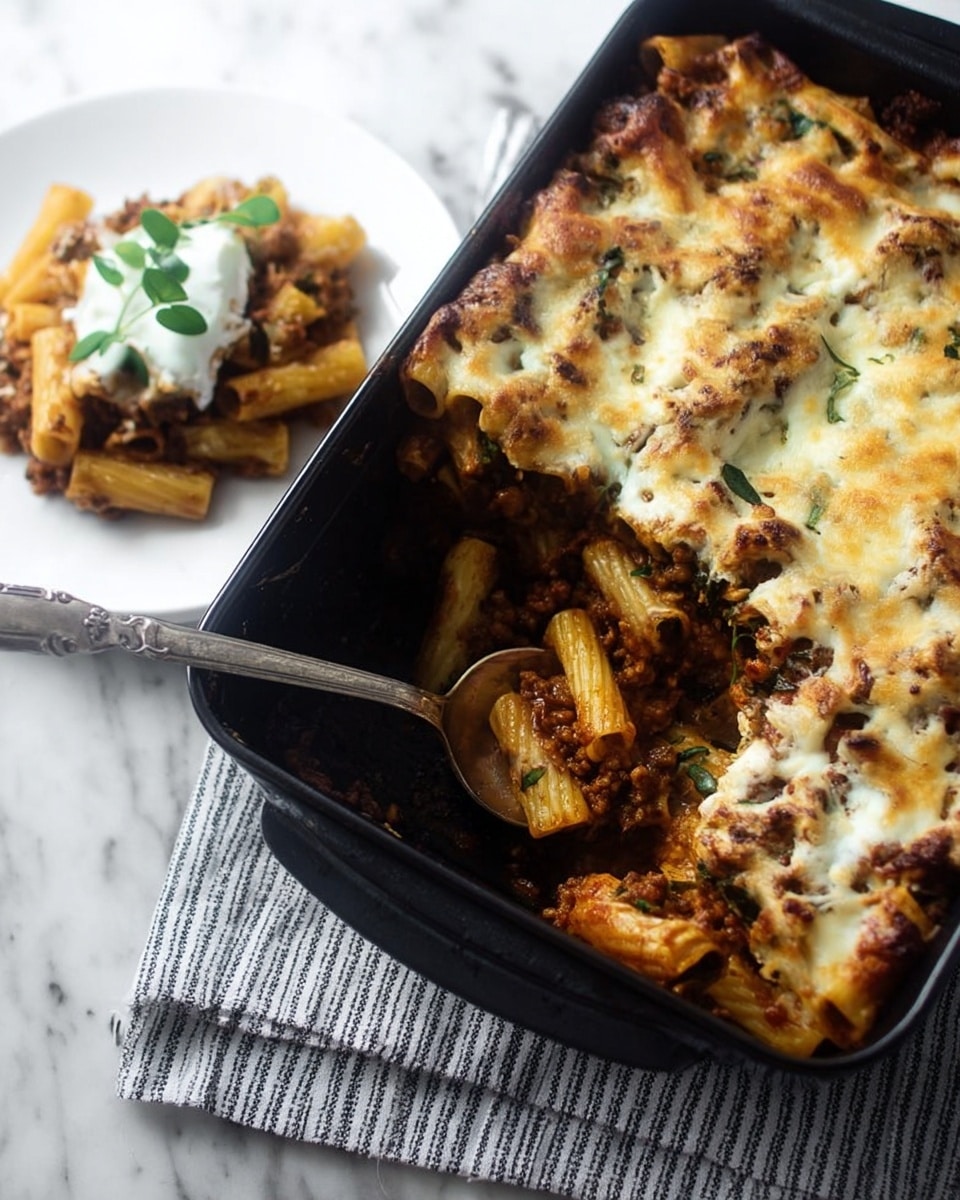 The image shows a baked pasta dish in a black baking pan with three main layers. The bottom layer is made of golden-brown baked pasta tubes, the middle layer is a brown meat sauce with some herbs, and the top layer is golden melted cheese that has browned in spots. A silver spoon rests inside the pan, scooping some pasta. To the left, a white plate holds a serving of the pasta topped with melted cheese and a dollop of white cream, garnished with small green leaves. The background is a white marbled surface with a striped cloth underneath the pan and plate. Photo taken with an iphone --ar 4:5 --v 7
