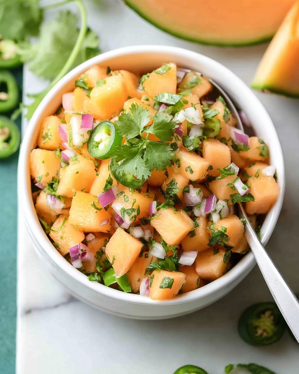A white ceramic bowl filled with a fresh salsa made of small cubed orange cantaloupe pieces mixed with finely chopped green herbs, red onion, and green jalapeno peppers, topped with a sprig of fresh cilantro. Inside the bowl, a white spoon is placed resting on the edge. The bowl sits on a white marbled surface, with parts of sliced cantaloupe and sliced jalapeno peppers visible blurred in the background. photo taken with an iphone --ar 4:5 --v 7