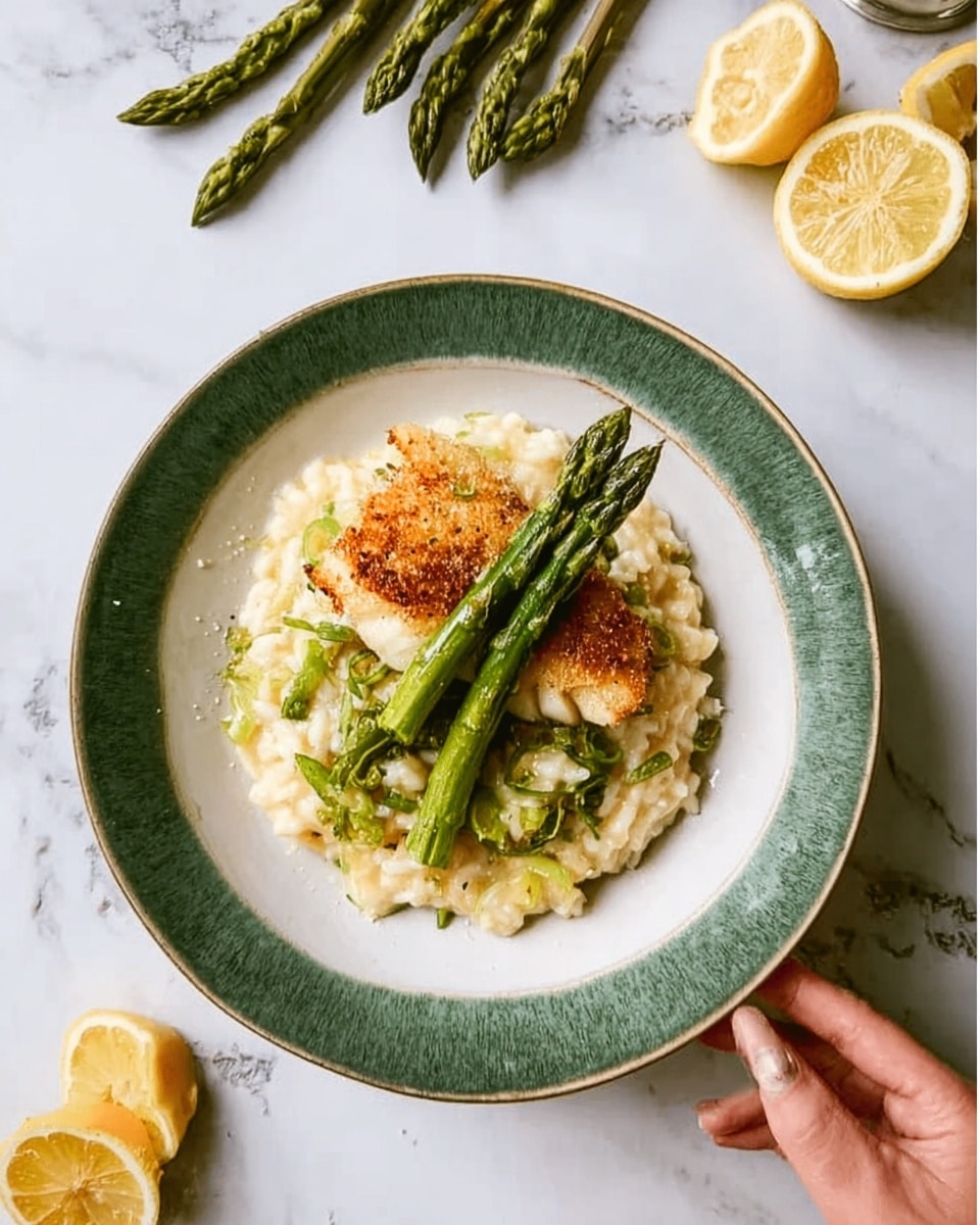 The image shows a dish on a white plate with a green rim, placed on a white marbled surface. The plate contains a base layer of creamy risotto that is pale yellow with a soft, slightly grainy texture. On top of the risotto, there is a piece of golden-brown cooked fish with crispy edges. Two bright green asparagus stalks rest diagonally on the fish, adding a fresh, crunchy texture. Nearby, on the white marbled background, there are whole asparagus spears and two lemon halves, one of which a woman's hand is holding. Photo taken with an iphone --ar 4:5 --v 7