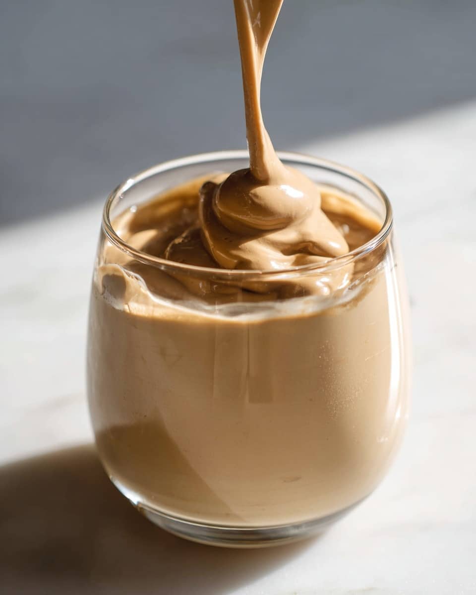 A close-up view of a single layer of thick, creamy light brown whipped coffee being poured into a clear glass filled nearly to the top, showing a smooth and fluffy texture with soft peaks forming as the coffee drizzles down. The glass sits on a white marbled texture, and the image captures the glossy, velvety surface of the whipped coffee with natural light casting soft shadows. photo taken with an iphone --ar 4:5 --v 7