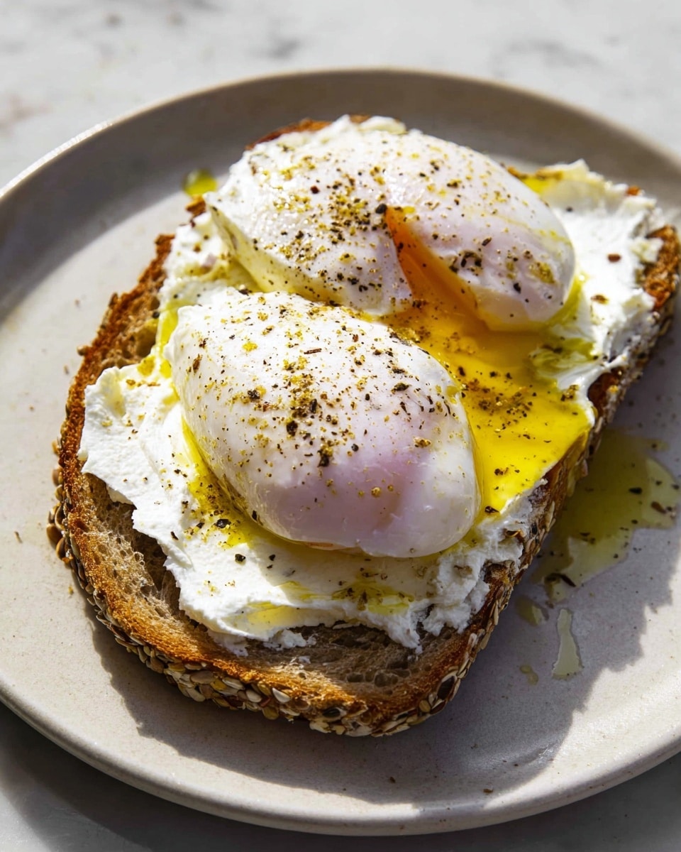 A close-up shot shows a slice of multigrain toast as the base layer, with a rough texture and visible seeds. On top of the toast, there is a thick, creamy white spread evenly covering the surface. Two poached eggs, shiny white with slightly uneven, soft surfaces, sit side by side on the spread. The eggs are sprinkled with coarse black pepper and drizzled with golden olive oil, which also pools slightly on the white plate beneath. The plate has a smooth, matte finish and rests on a white marbled surface. photo taken with an iphone --ar 4:5 --v 7