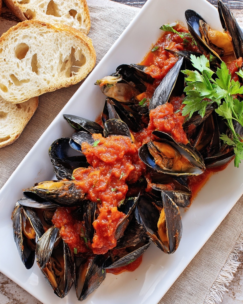 A white rectangular plate holds a single layer of black mussels, each shell partially open showing tender orange flesh inside, topped unevenly with thick, bright red tomato sauce. On the top right corner of the plate, a small bunch of fresh green parsley adds color contrast. The plate sits on a beige cloth over a white marbled surface. Pieces of sliced white bread with airy holes are arranged at the top left and right edges of the image, adding texture and warmth. The photo taken with an iphone --ar 4:5 --v 7